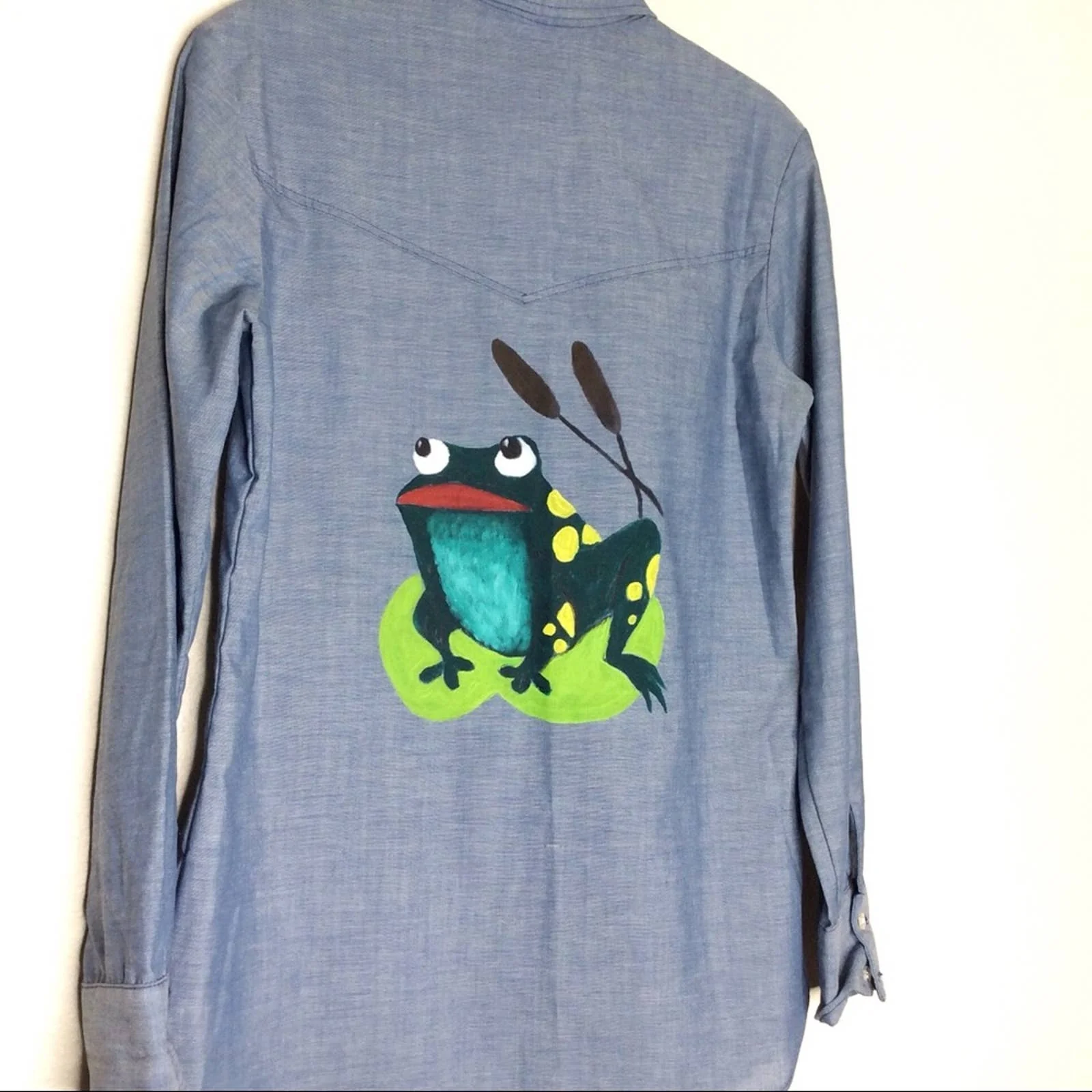 Vintage Shirt 70s Small Medium Hand Painted Frog Butterfly Button Up by Wrangler - Image 7