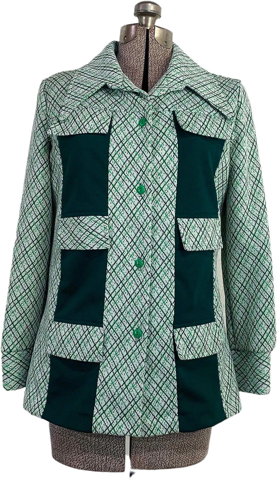 Vintage Shirt Cardigan Blazer Jacket Green White Long Sleeve Button Front Mod Large 70s by Caprito