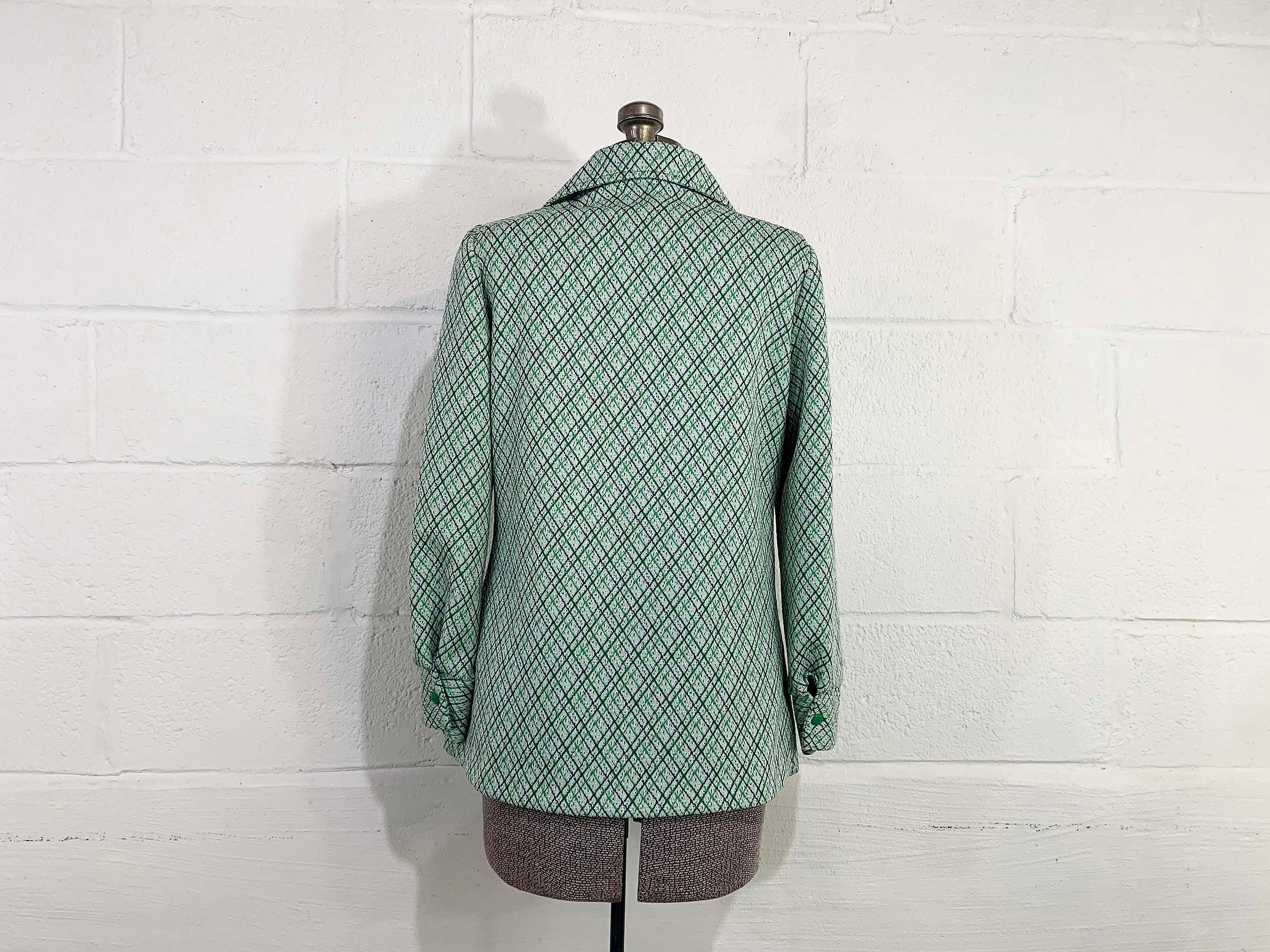 Vintage Shirt Cardigan Blazer Jacket Green White Long Sleeve Button Front Mod Large 70s by Caprito - Image 2
