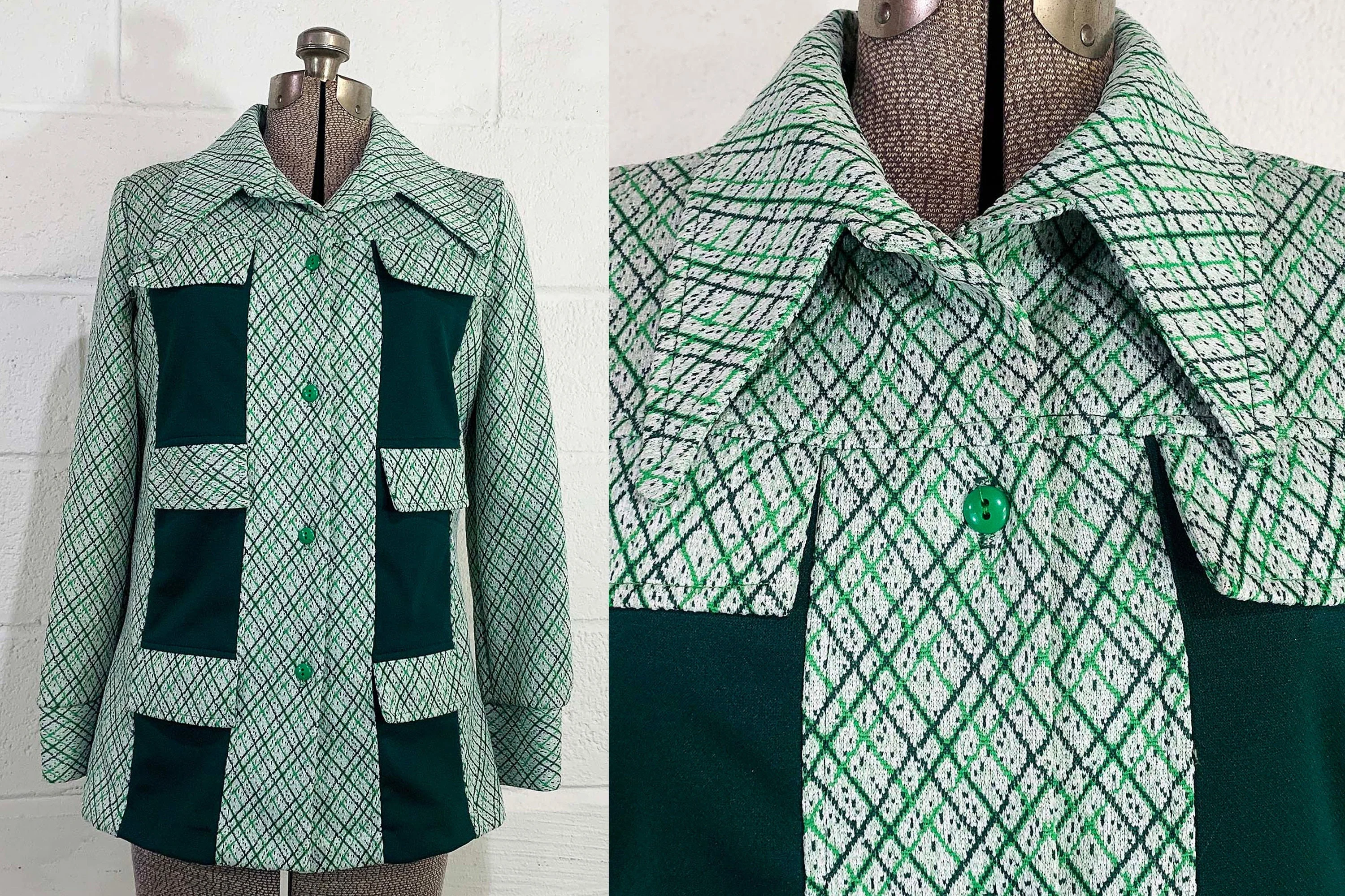 Vintage Shirt Cardigan Blazer Jacket Green White Long Sleeve Button Front Mod Large 70s by Caprito - Image 4