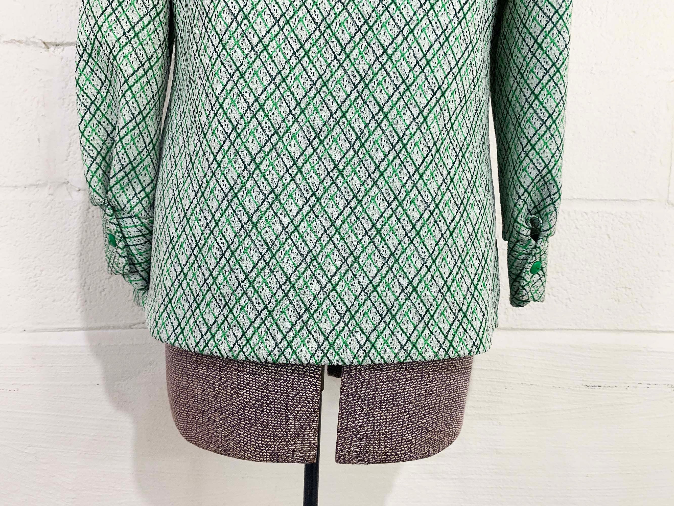 Vintage Shirt Cardigan Blazer Jacket Green White Long Sleeve Button Front Mod Large 70s by Caprito - Image 8