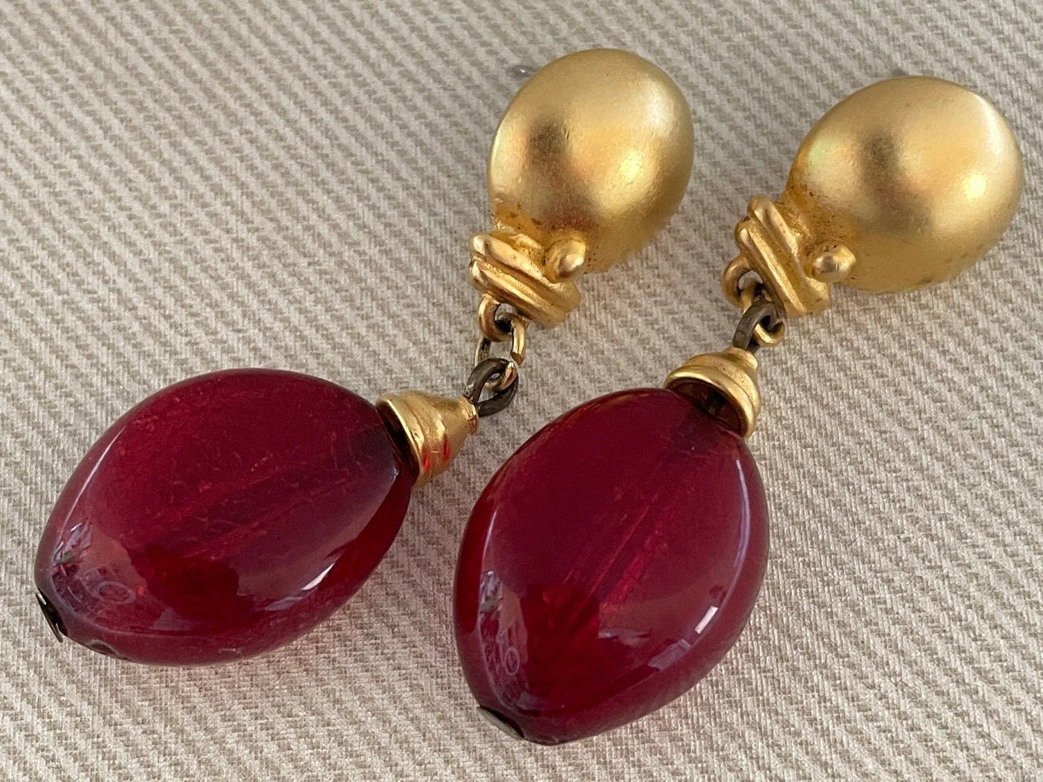 Vintage Signed Etruscan Drop Statement Earrings with Lucite Bead Accents by Profiles - Image 2