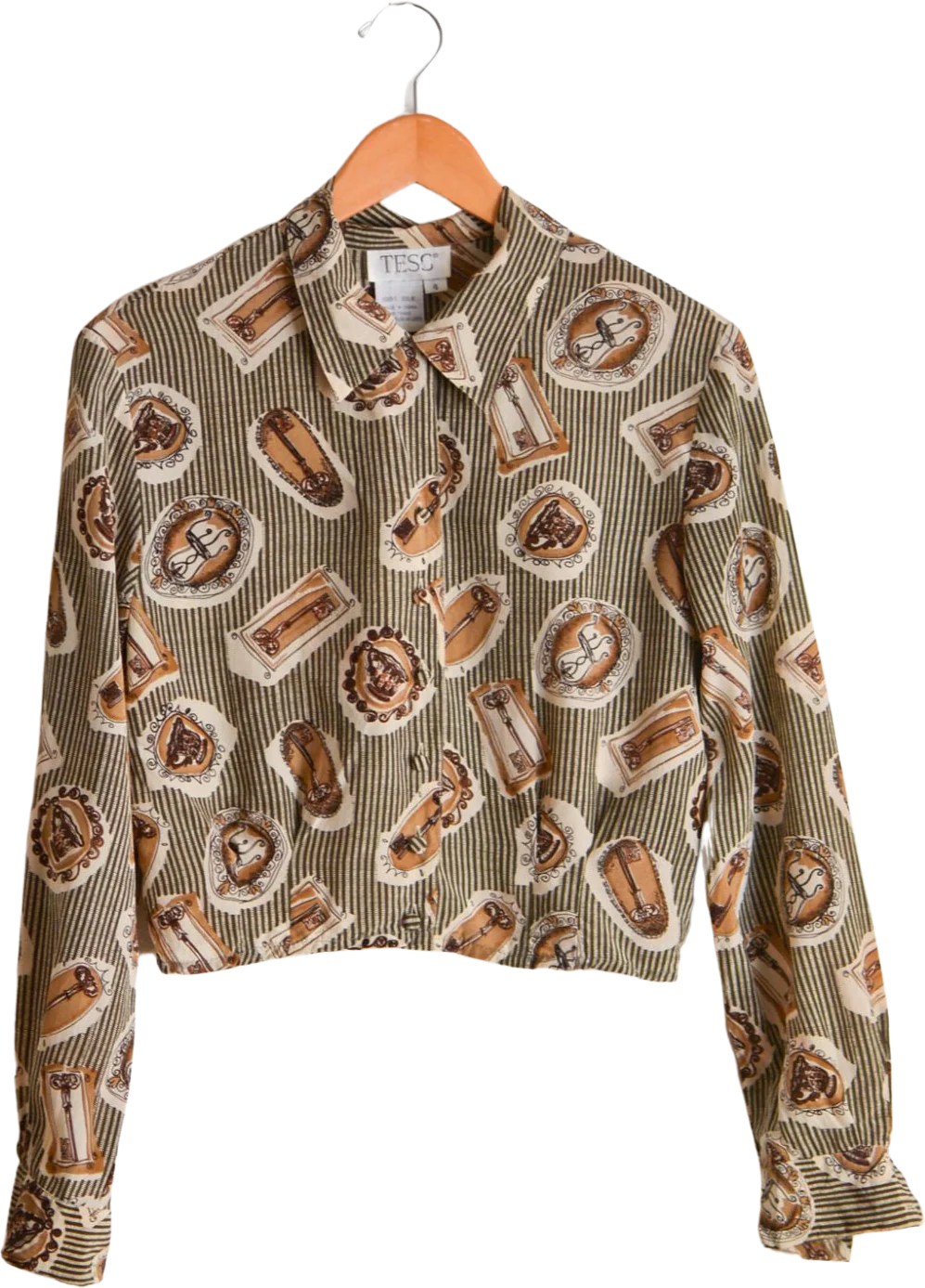 Vintage Silk Buttoned Down Blouse Olive Striped Size Small Romantic Long Sleeve by Tess
