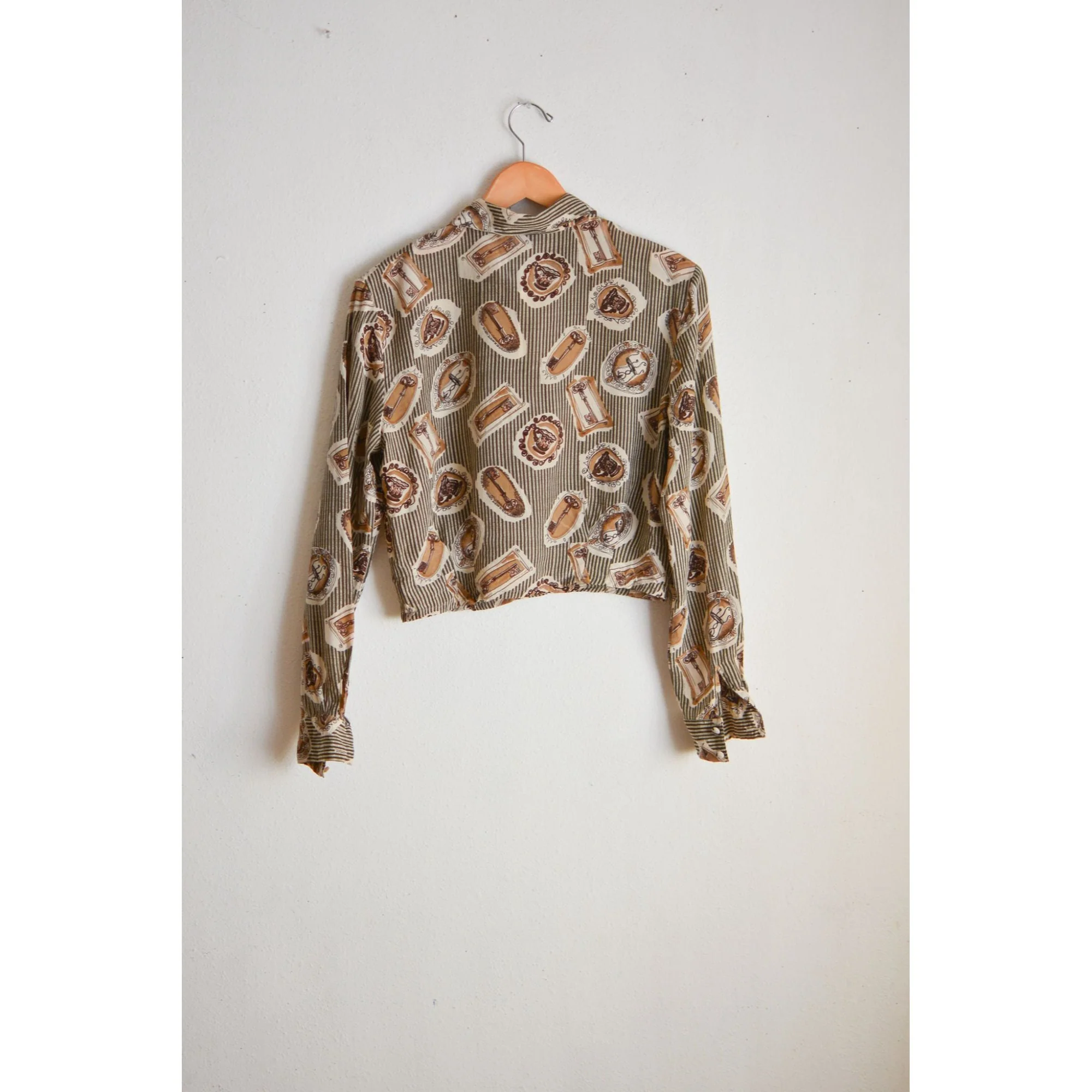 Vintage Silk Buttoned Down Blouse Olive Striped Size Small Romantic Long Sleeve by Tess - Image 2