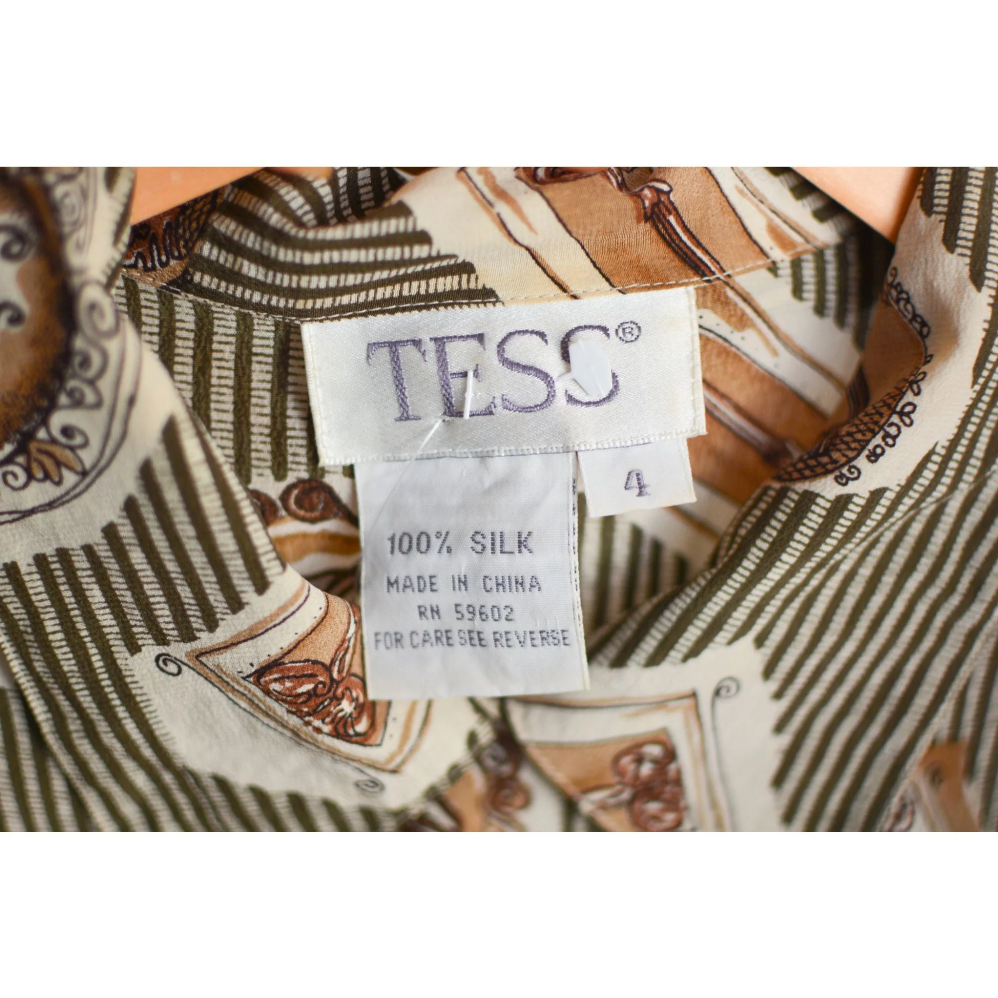 Vintage Silk Buttoned Down Blouse Olive Striped Size Small Romantic Long Sleeve by Tess - Image 3