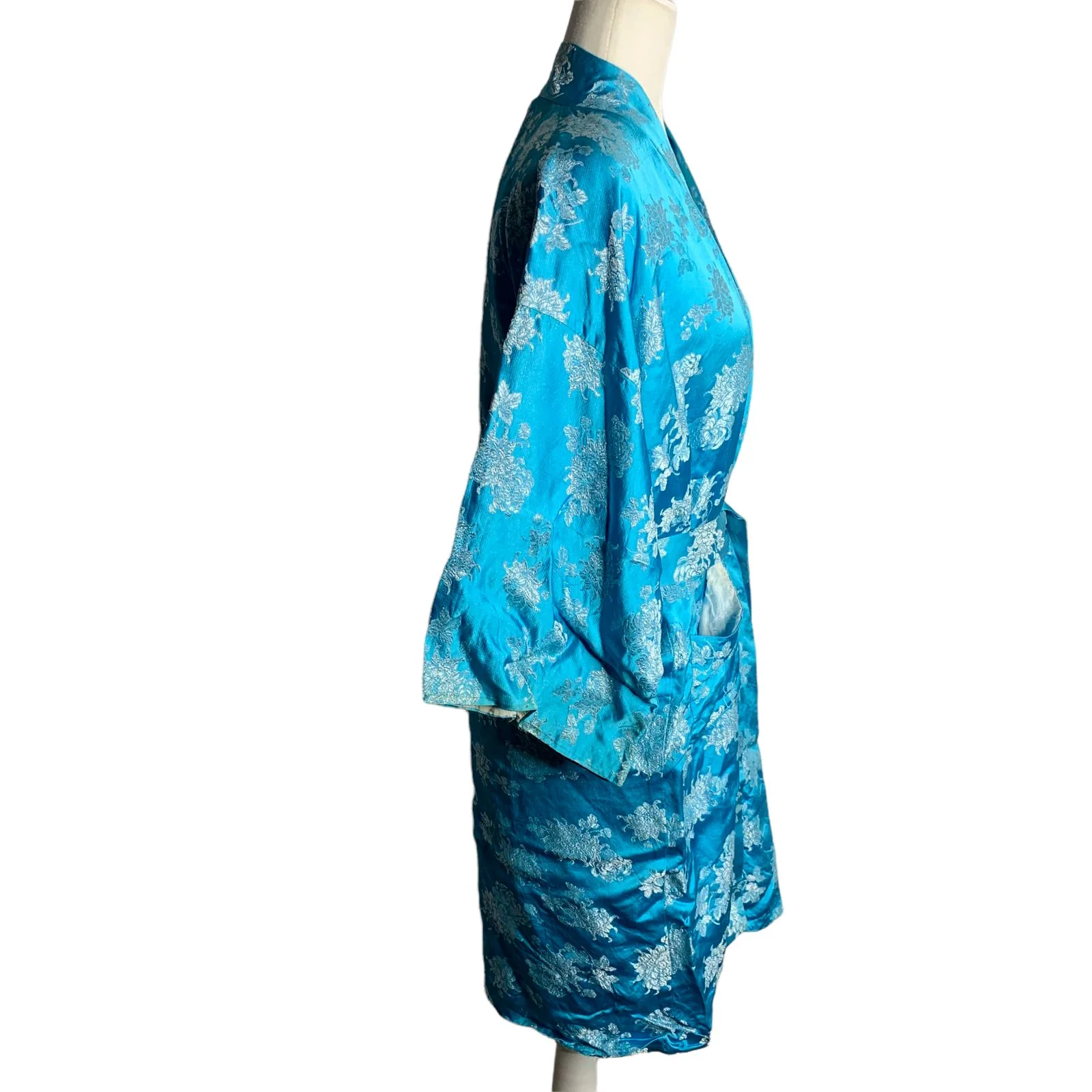 Vintage Silk Jacquard Half Robe M Blue China Mums Pocket Lined Tie Belt - Image 6