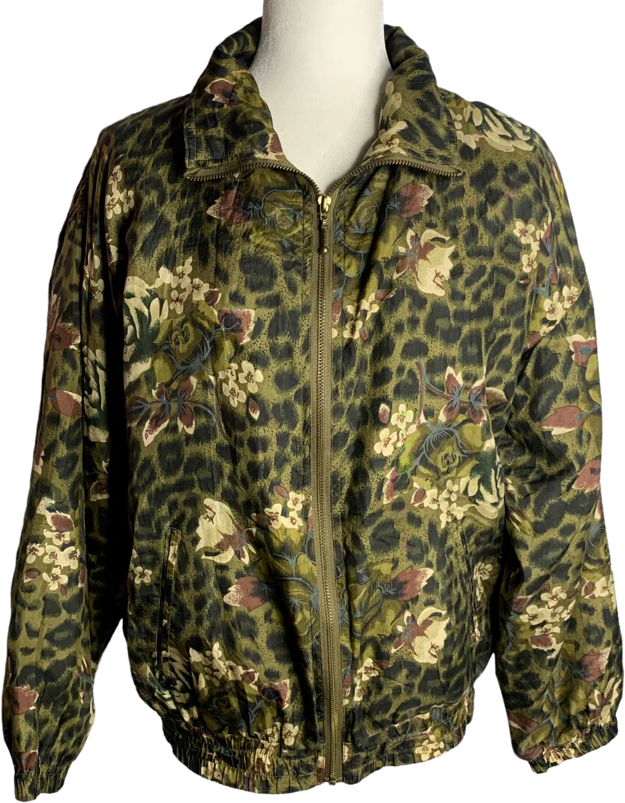 Vintage Silk Leopard Print Bomber Jacket M Green Floral Full Zip Pockets Lined by EVR