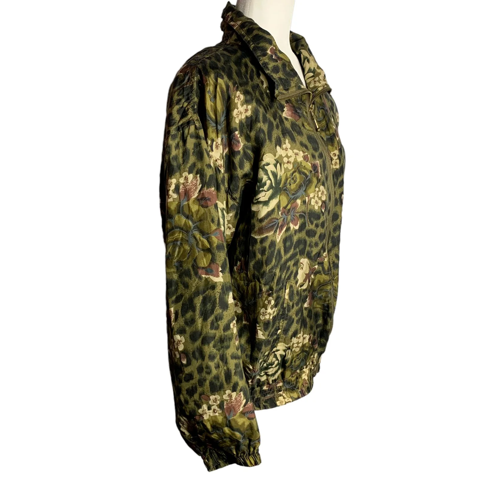 Vintage Silk Leopard Print Bomber Jacket M Green Floral Full Zip Pockets Lined by EVR - Image 5