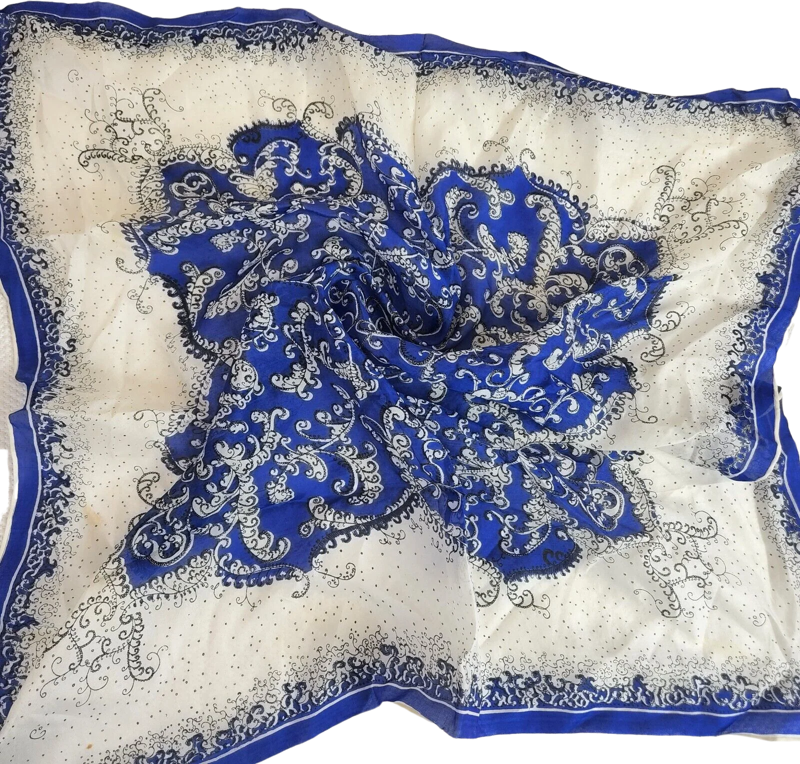 Vintage Silk Scarf Made In Japan Blue White Rolled Hem