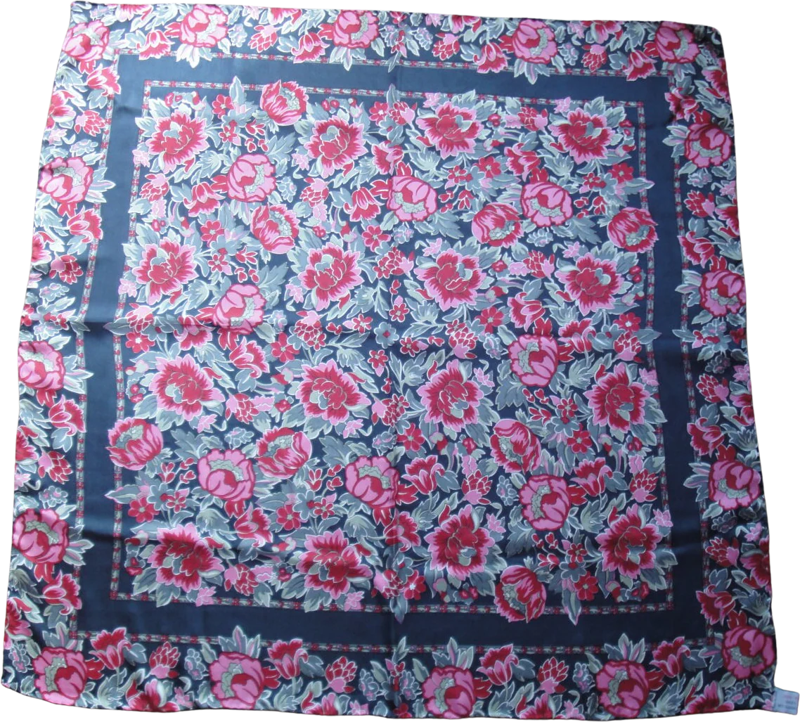Vintage Silk Square Scarf On Logo Dark Green Pink Red Sage Cream Luscious Floral Design Hand Rolled Hemedges Vintage