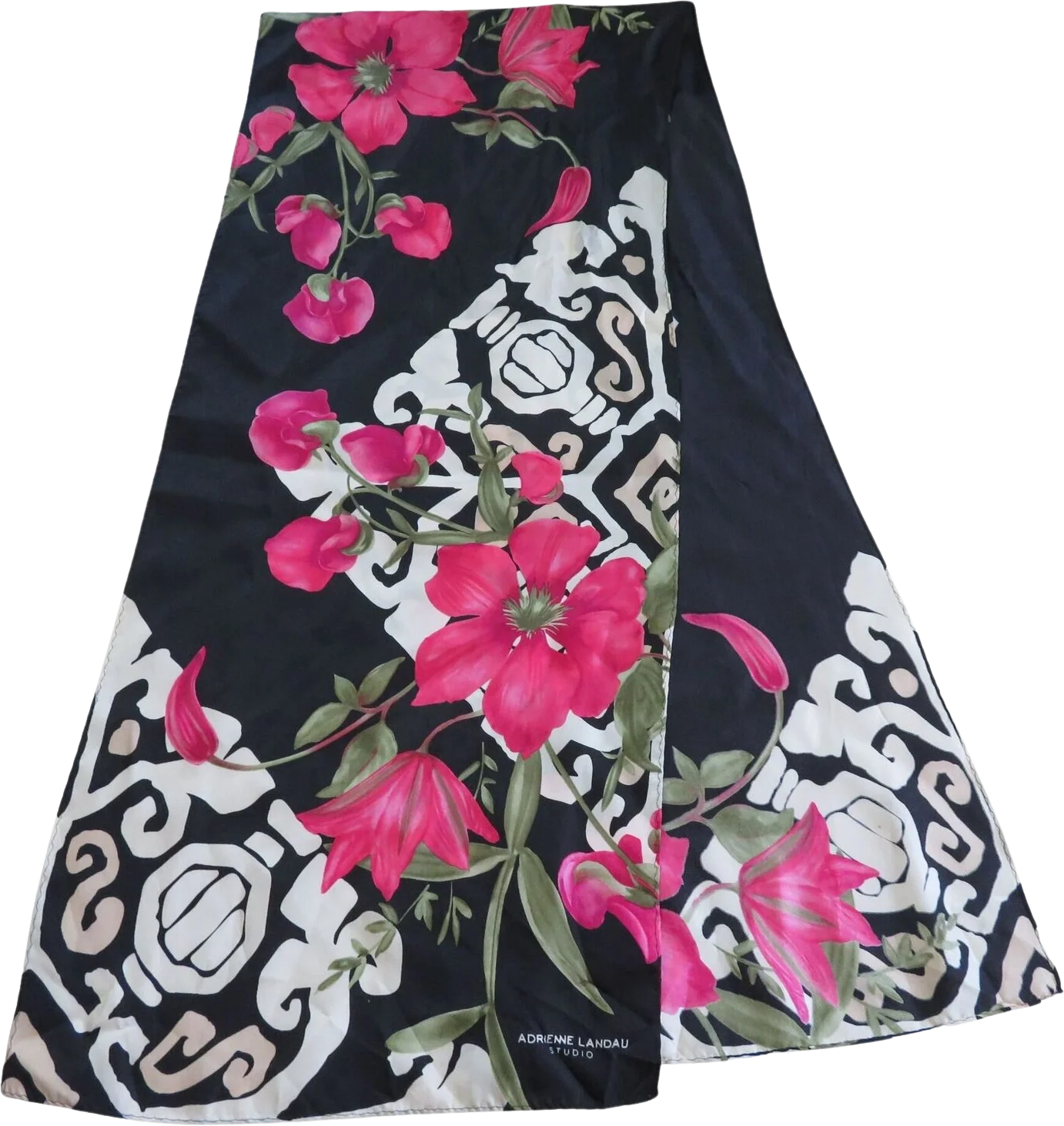 Vintage Silk Studio Black Pink Floral Scarf 11 X 53 by Adrienne Landau