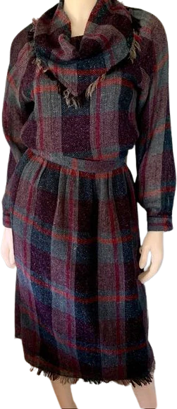 Vintage Silk Wool Plaid Fringed Two Piece Dress Skirt Set S/m 12 Cowl Lory's 70s