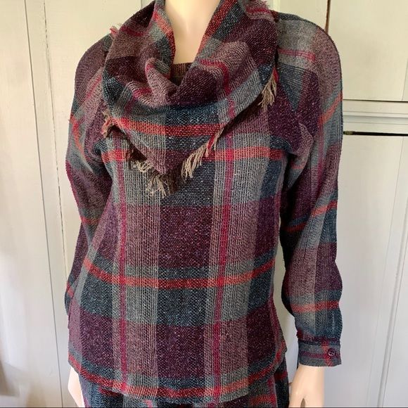 Vintage Silk Wool Plaid Fringed Two Piece Dress Skirt Set S/m 12 Cowl Lory's 70s - Image 6