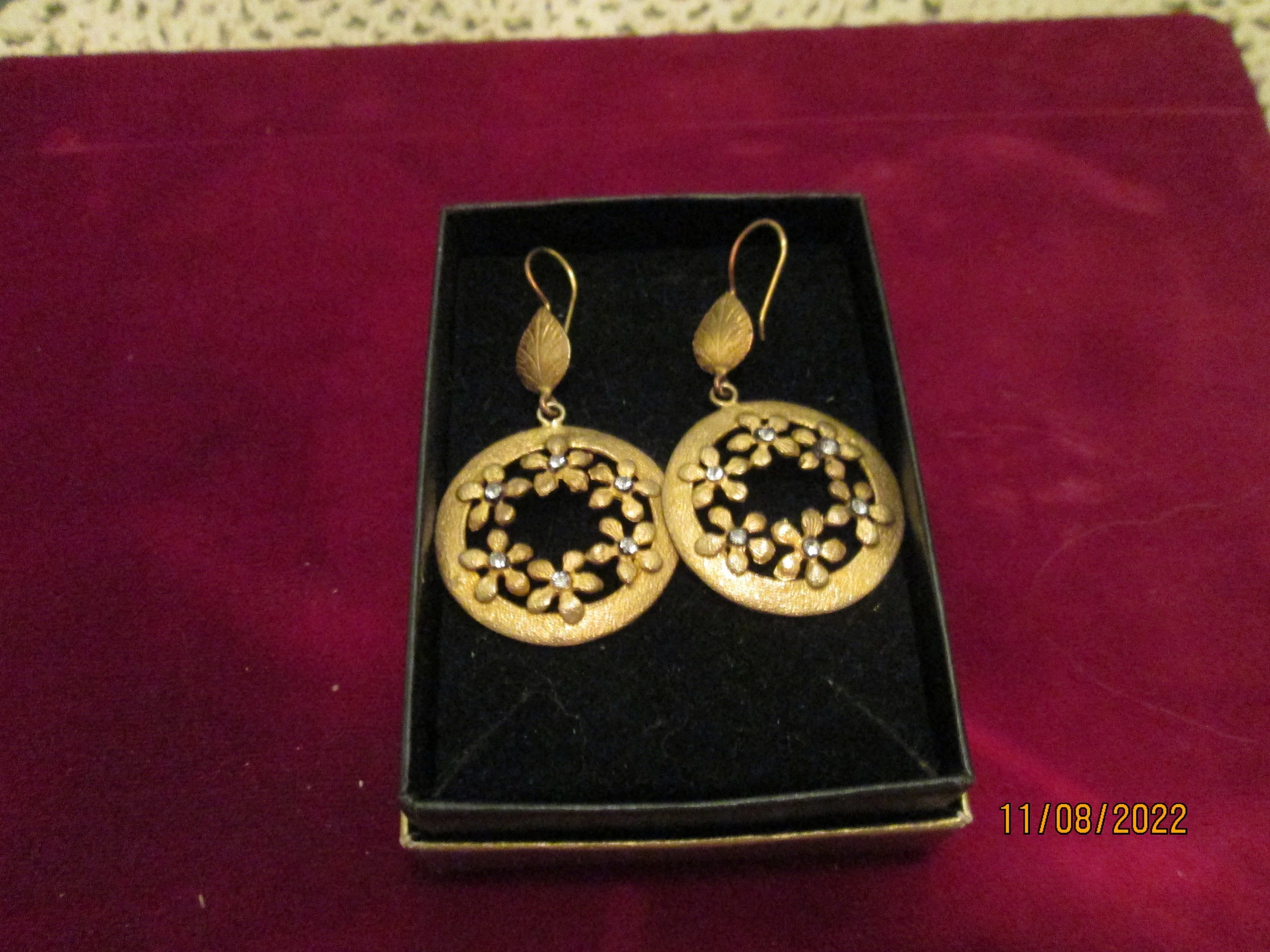 Vintage Silver Gold Wash Dangle Hoops Floral Pierced - Image 2
