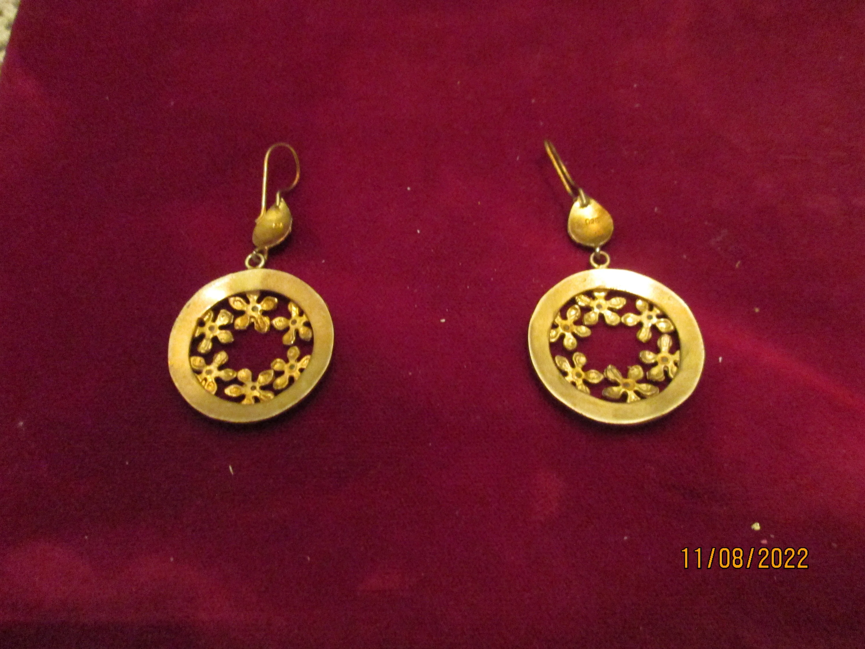 Vintage Silver Gold Wash Dangle Hoops Floral Pierced - Image 3