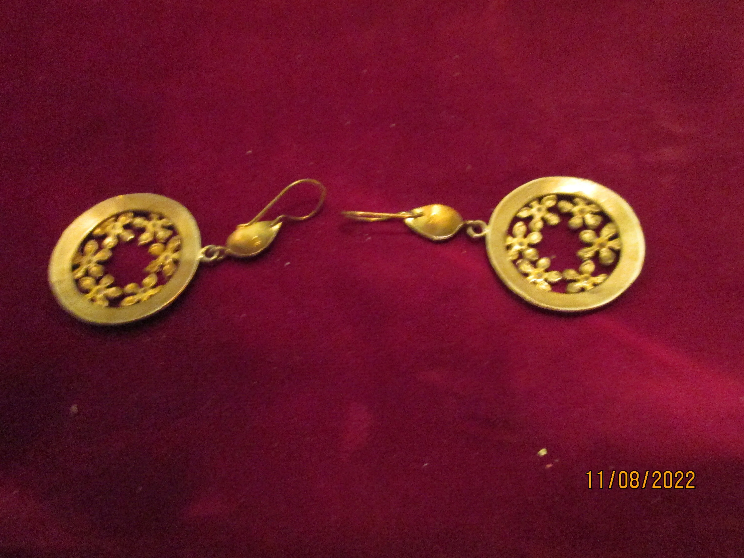 Vintage Silver Gold Wash Dangle Hoops Floral Pierced - Image 4