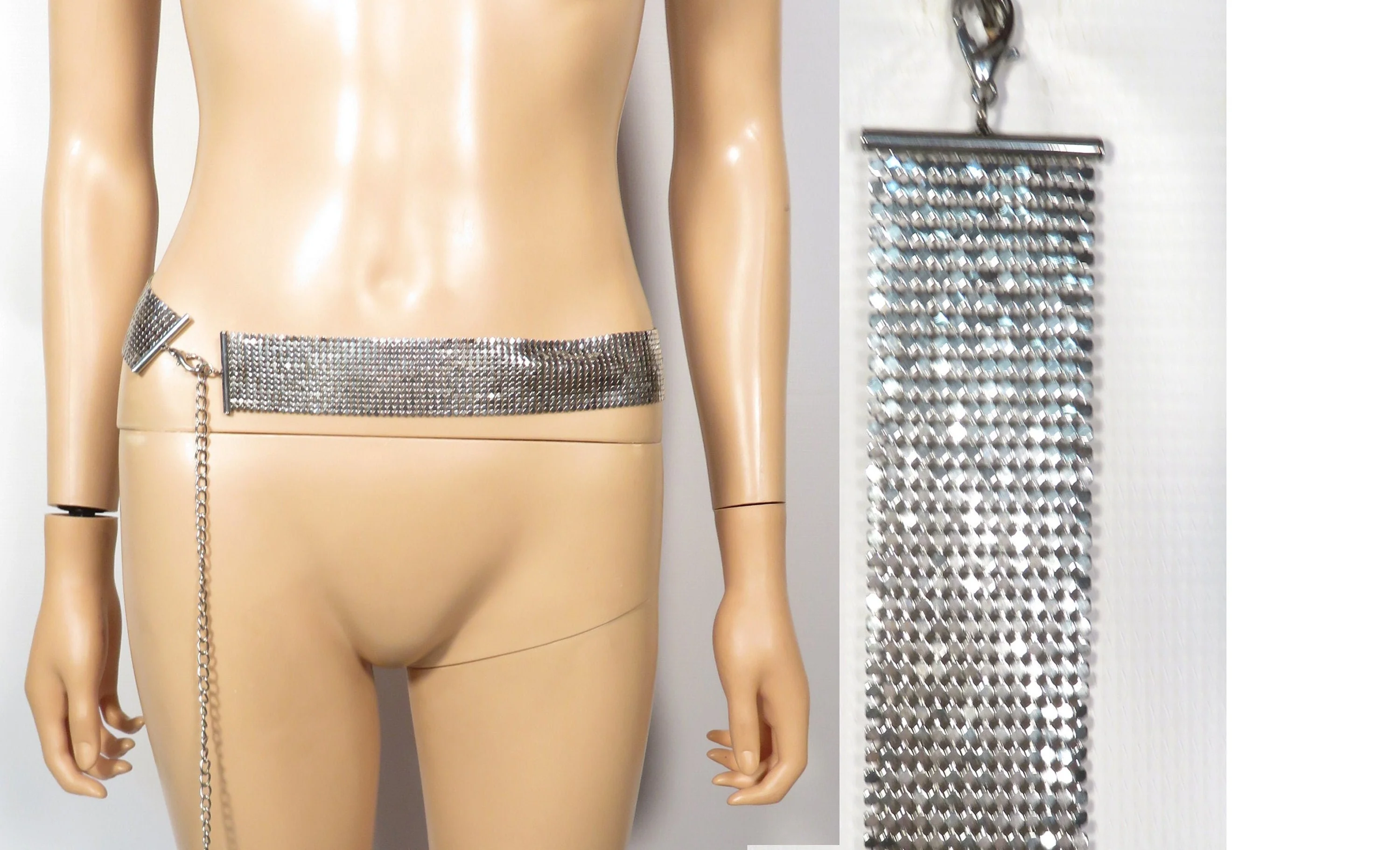 Vintage Silver Tone Metal Mesh Adjustable Chain Belt Size M - Image 2