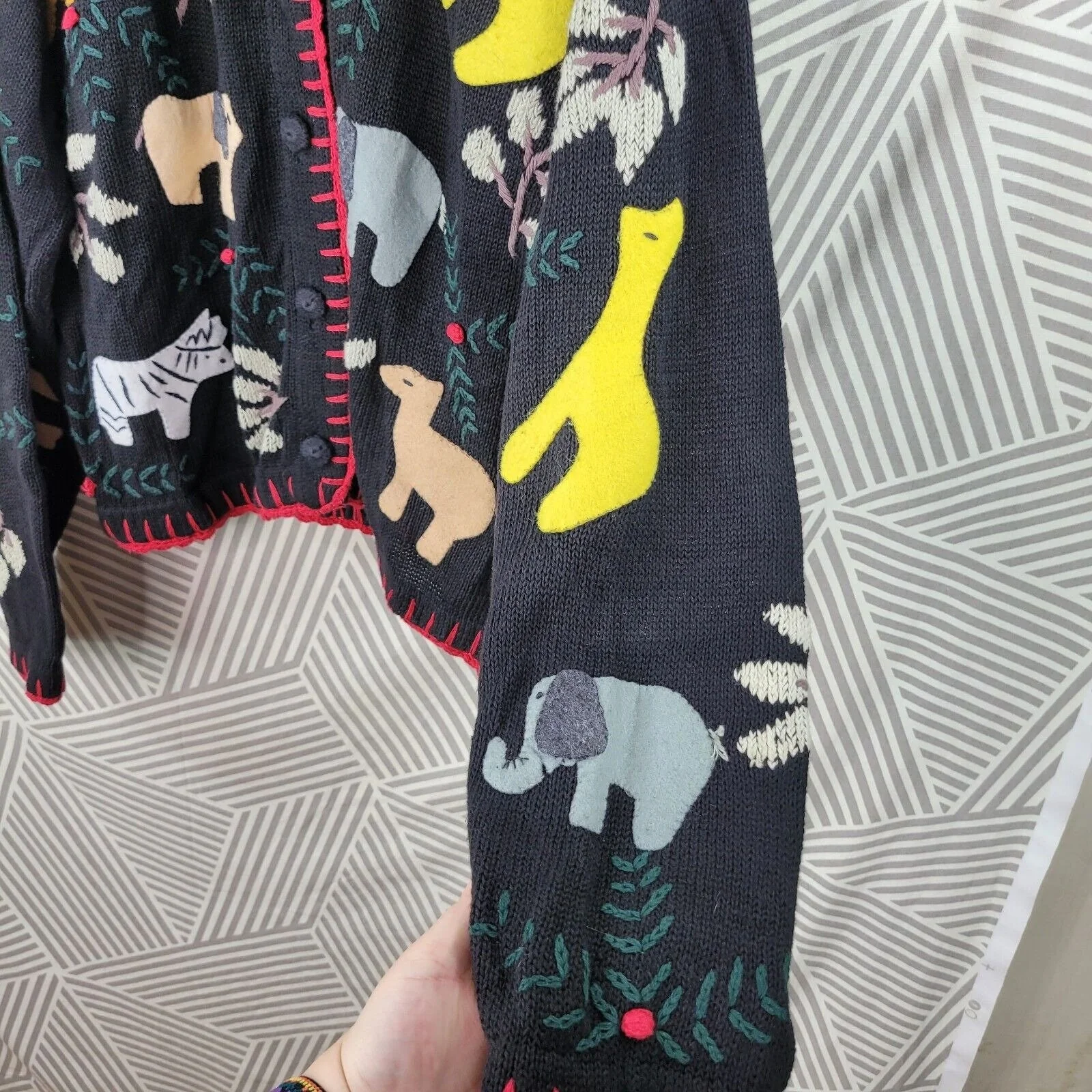 Vintage Size Large Cardigan Sweater Embroidered Holiday Zoo Animal Deer Elephant by Jodi Blake - Image 5