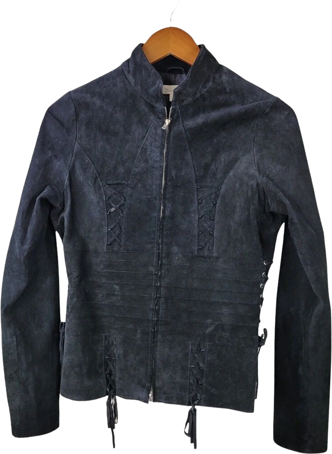 Vintage Size Medium Suede Black Leather Jacket Coat Full Zip Womens Moto Tie Strappy