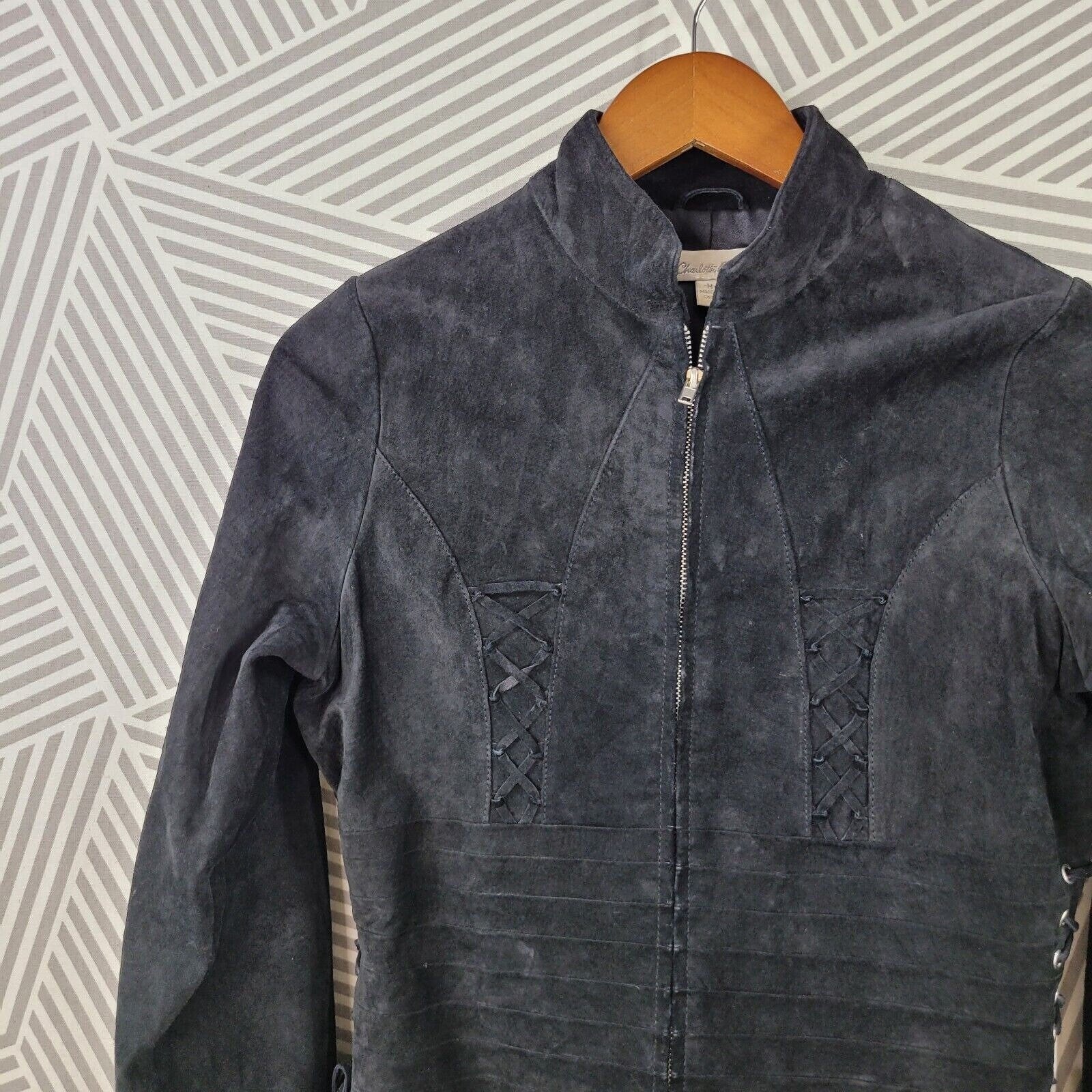 Vintage Size Medium Suede Black Leather Jacket Coat Full Zip Womens Moto Tie Strappy - Image 2