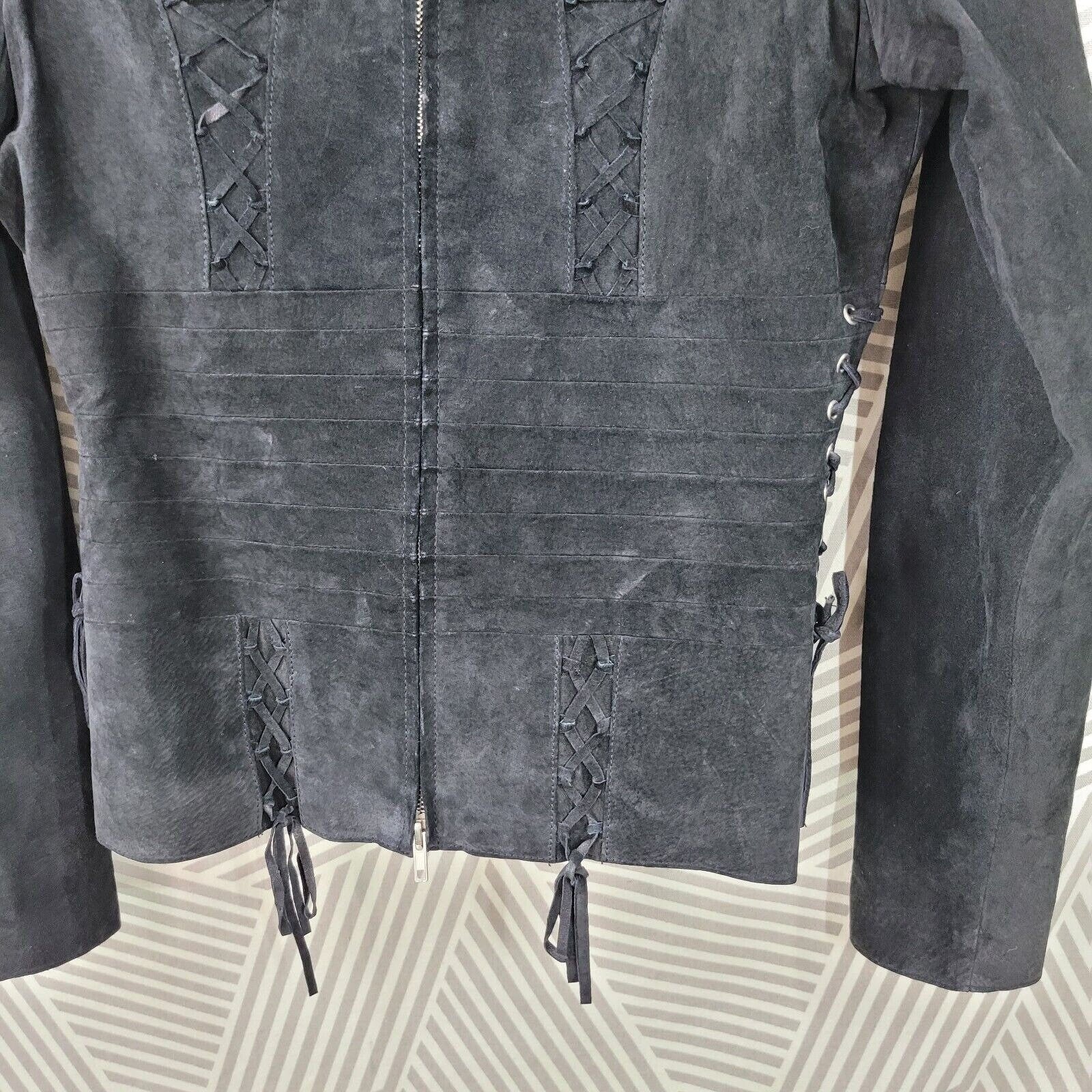 Vintage Size Medium Suede Black Leather Jacket Coat Full Zip Womens Moto Tie Strappy - Image 3