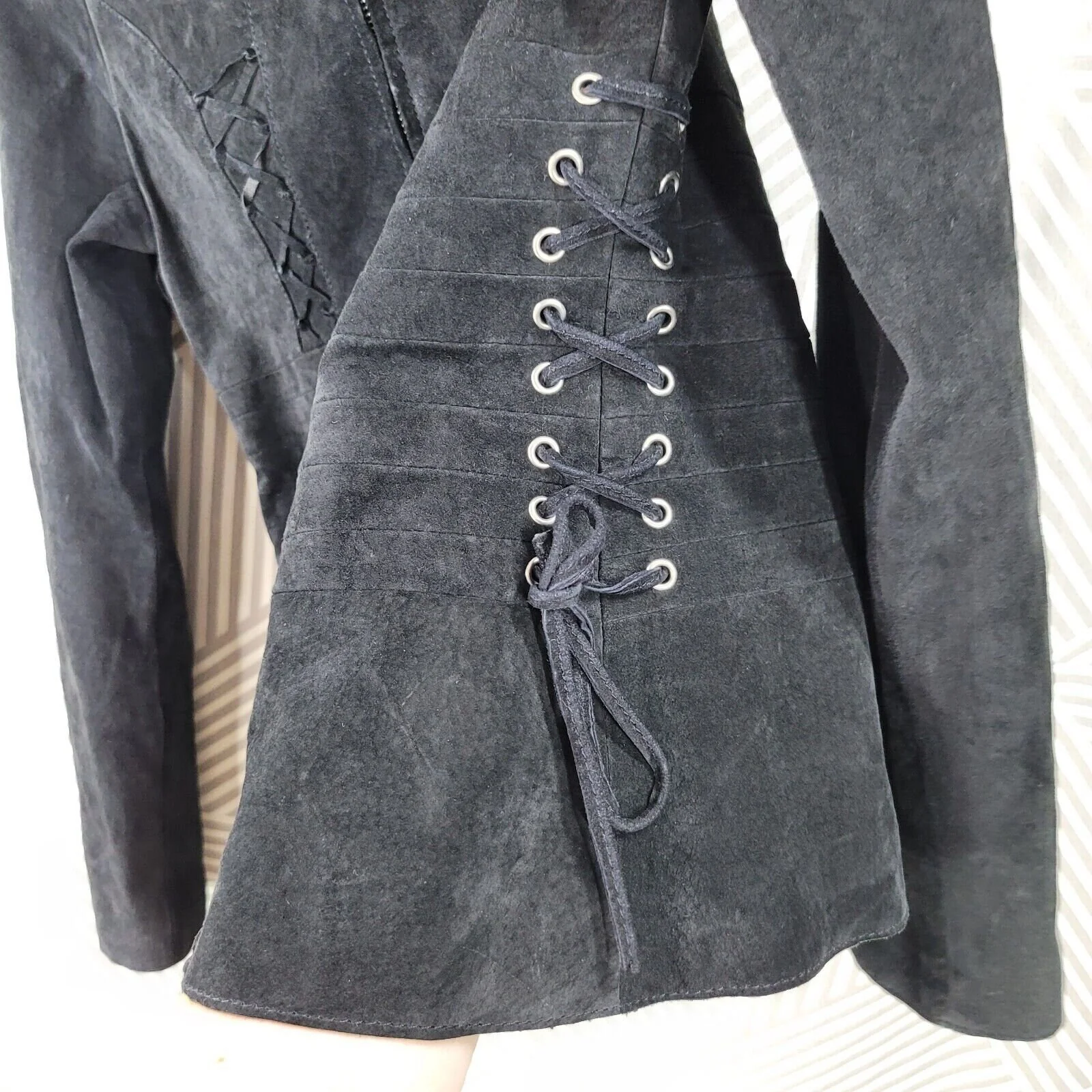 Vintage Size Medium Suede Black Leather Jacket Coat Full Zip Womens Moto Tie Strappy - Image 5