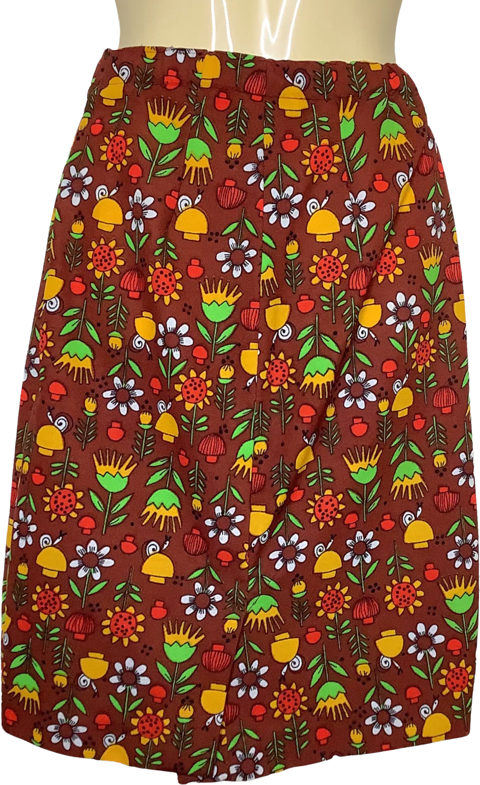 Vintage Skirt 60s 70s Medium Polyester Knit Novelty Mushrooms Floral Handmade?