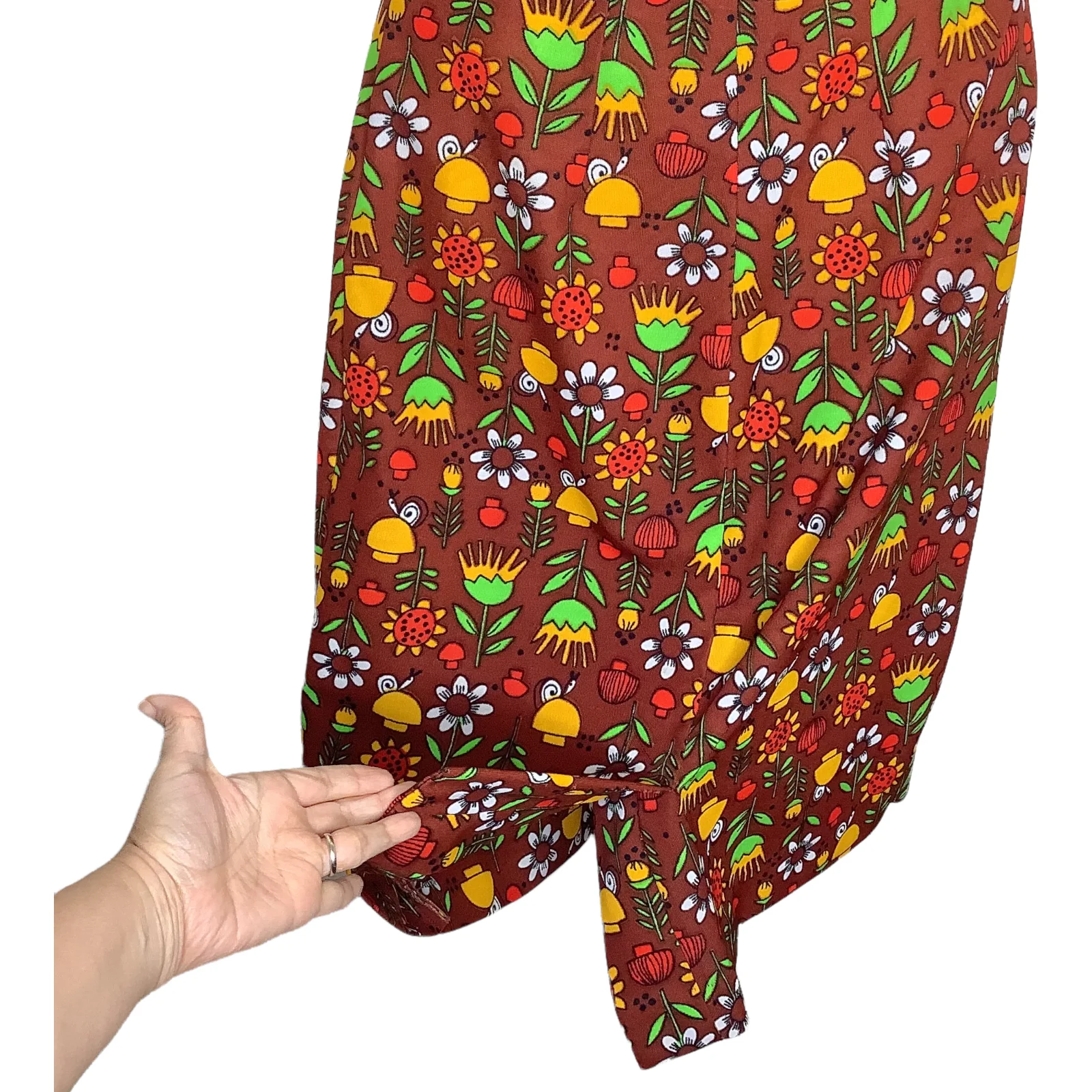 Vintage Skirt 60s 70s Medium Polyester Knit Novelty Mushrooms Floral Handmade? - Image 4