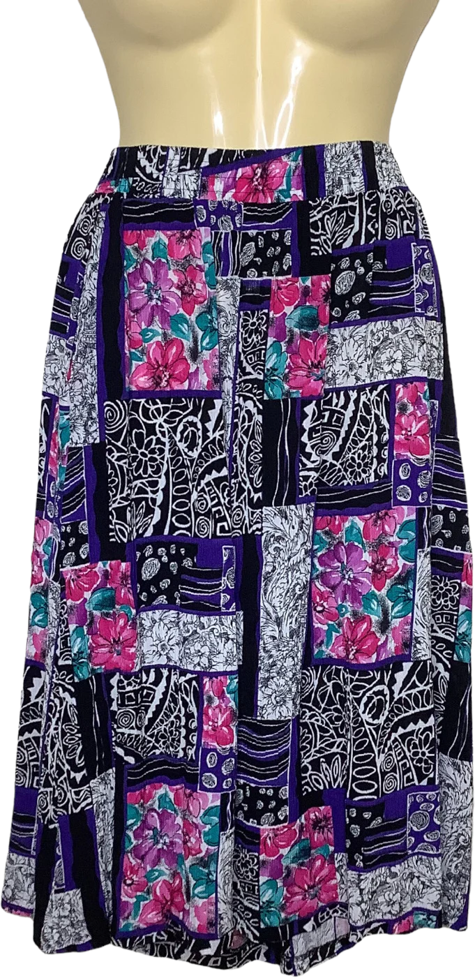 Vintage Skirt 70s M/l Abstract Geo Floral High Waisted Midi Crepe Micro Pleats