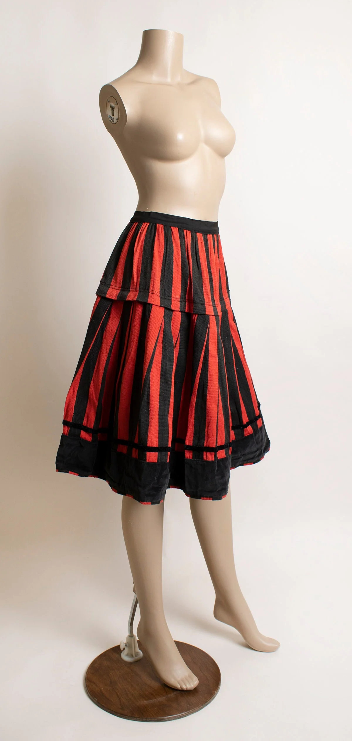 Vintage Skirt and Apron - Red and Black Striped Traditional Full Skirt - Thick Textile Velvet Costume - Large 32" Waist - Image 3