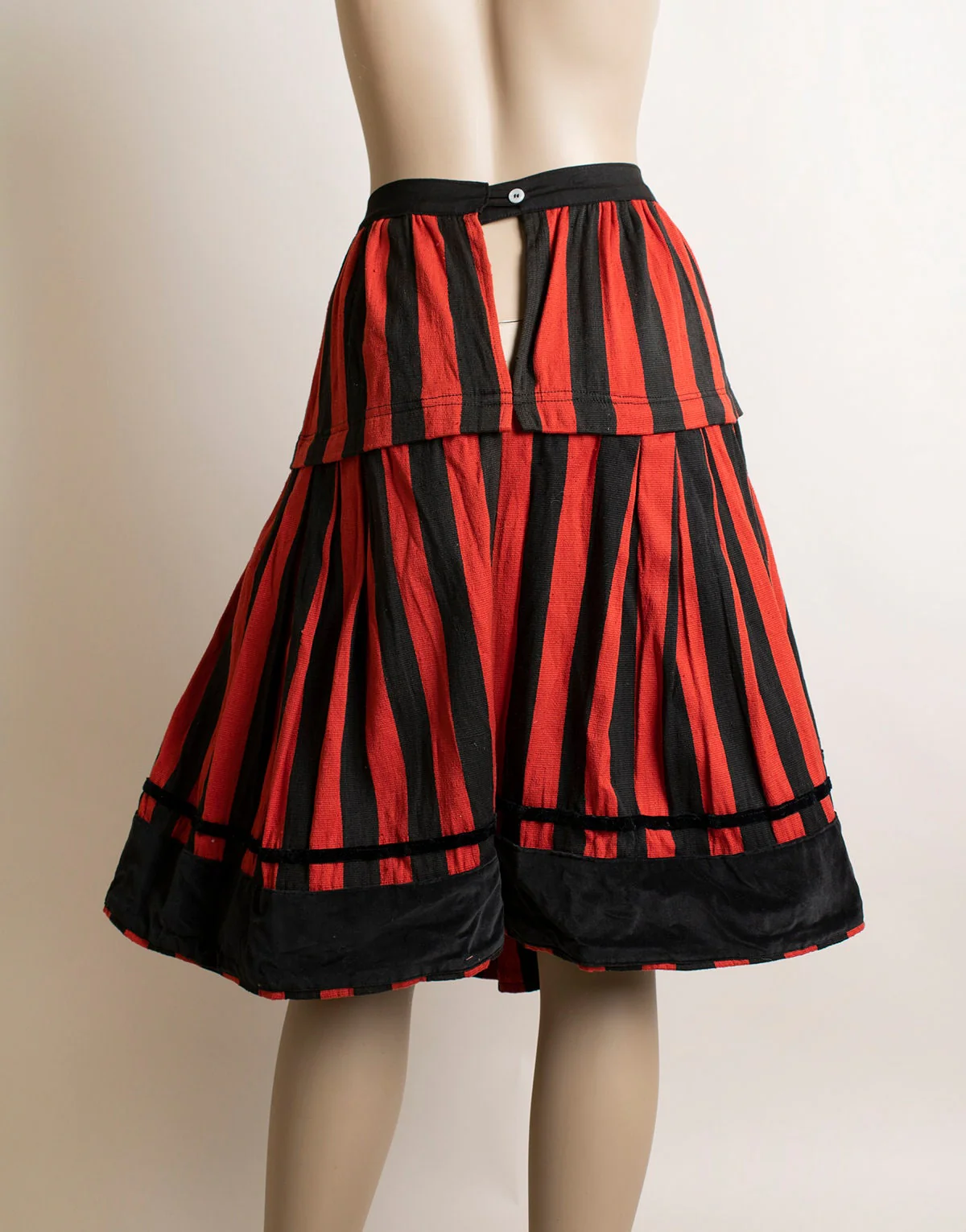 Vintage Skirt and Apron - Red and Black Striped Traditional Full Skirt - Thick Textile Velvet Costume - Large 32" Waist - Image 4