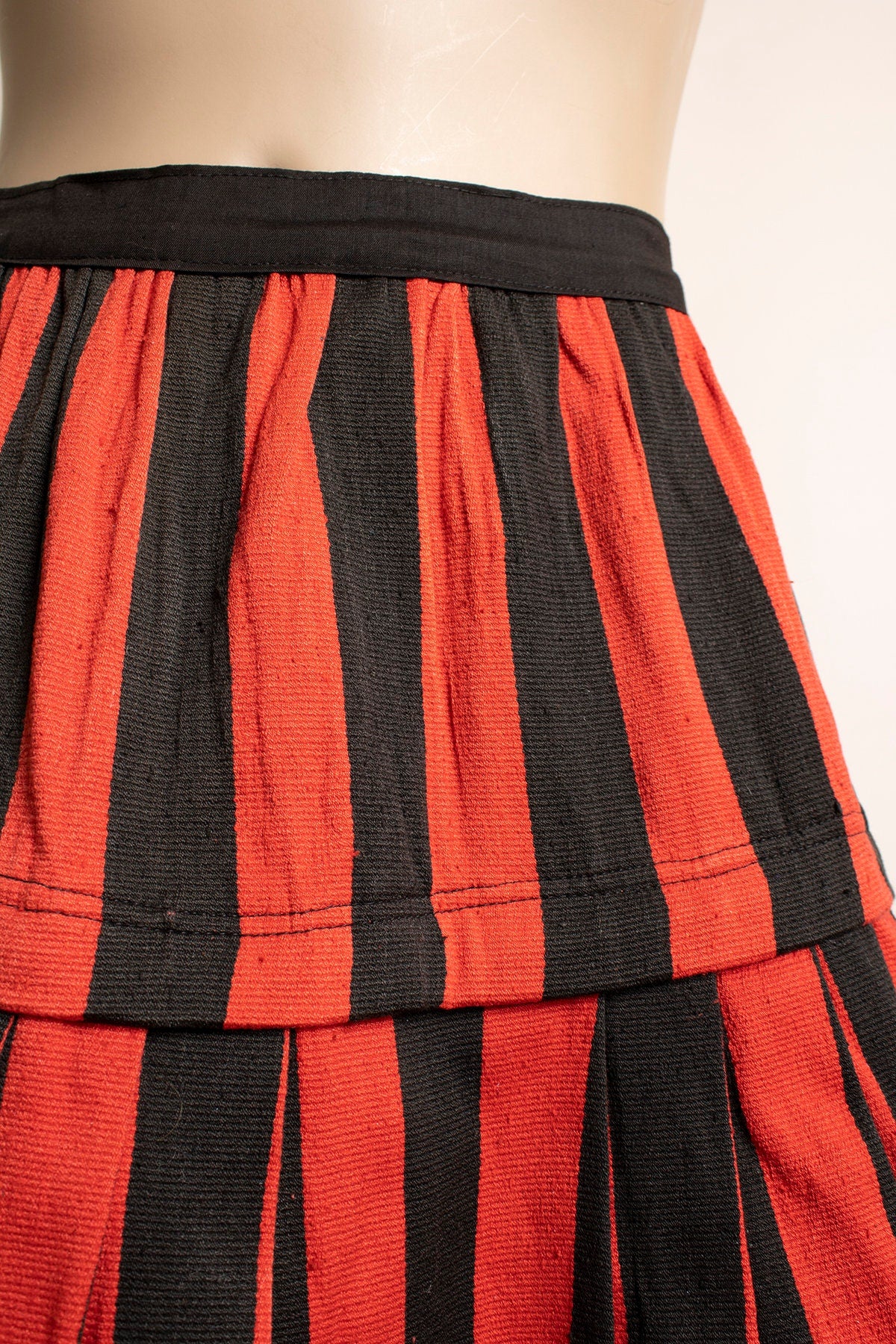 Vintage Skirt and Apron - Red and Black Striped Traditional Full Skirt - Thick Textile Velvet Costume - Large 32" Waist - Image 7