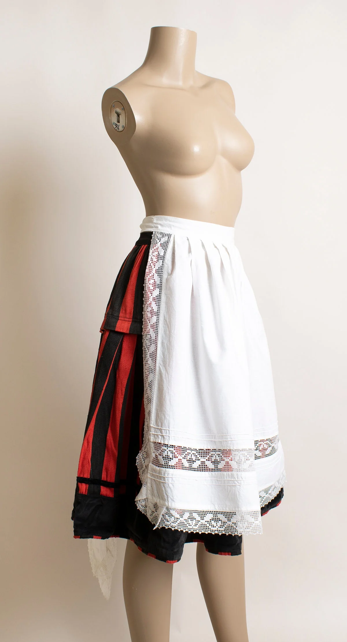 Vintage Skirt and Apron - Red and Black Striped Traditional Full Skirt - Thick Textile Velvet Costume - Large 32" Waist - Image 9