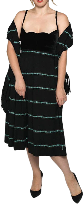 Vintage Skirt and Scarf Set Turquoise Blue and Black Woven Striped Pleat Skirt Austrian Alps Small Medium 28" Waist