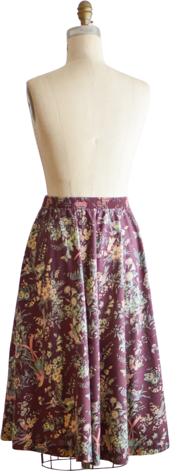 Vintage Skirt Cotton Floral Plum Elastic Waist Fit and Flare Romantic
