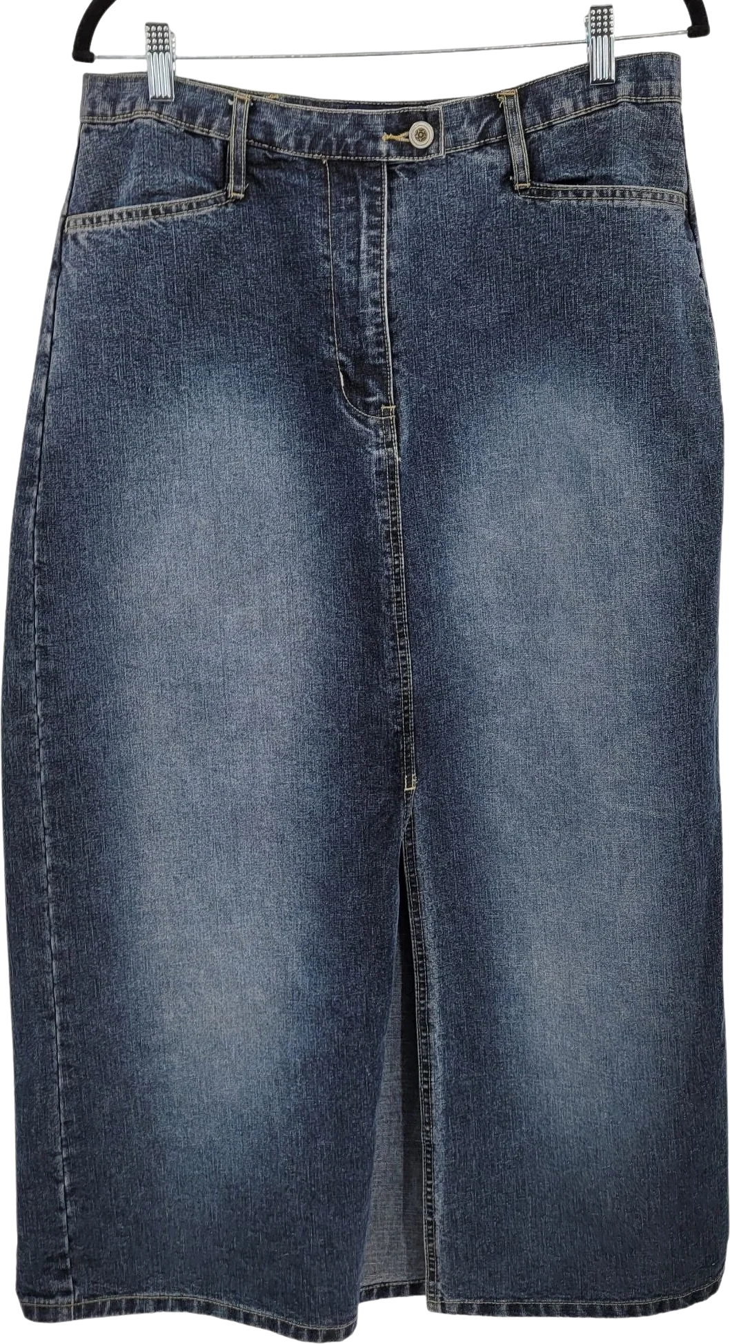 Vintage Skirt Denim Maxi Front Back Slit Dark Wash Fade Aging Blue 16w by LA Blues