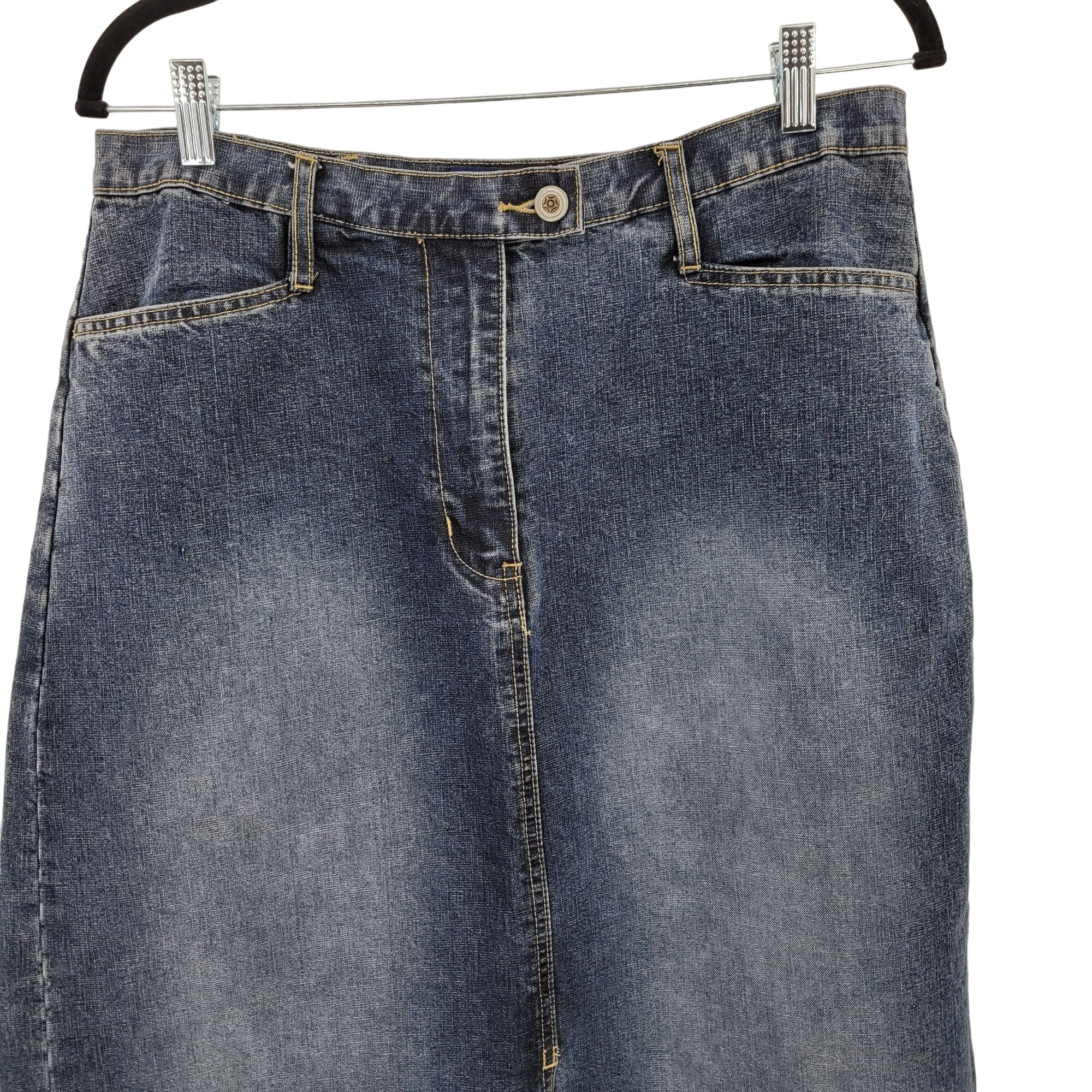 Vintage Skirt Denim Maxi Front Back Slit Dark Wash Fade Aging Blue 16w by LA Blues - Image 5
