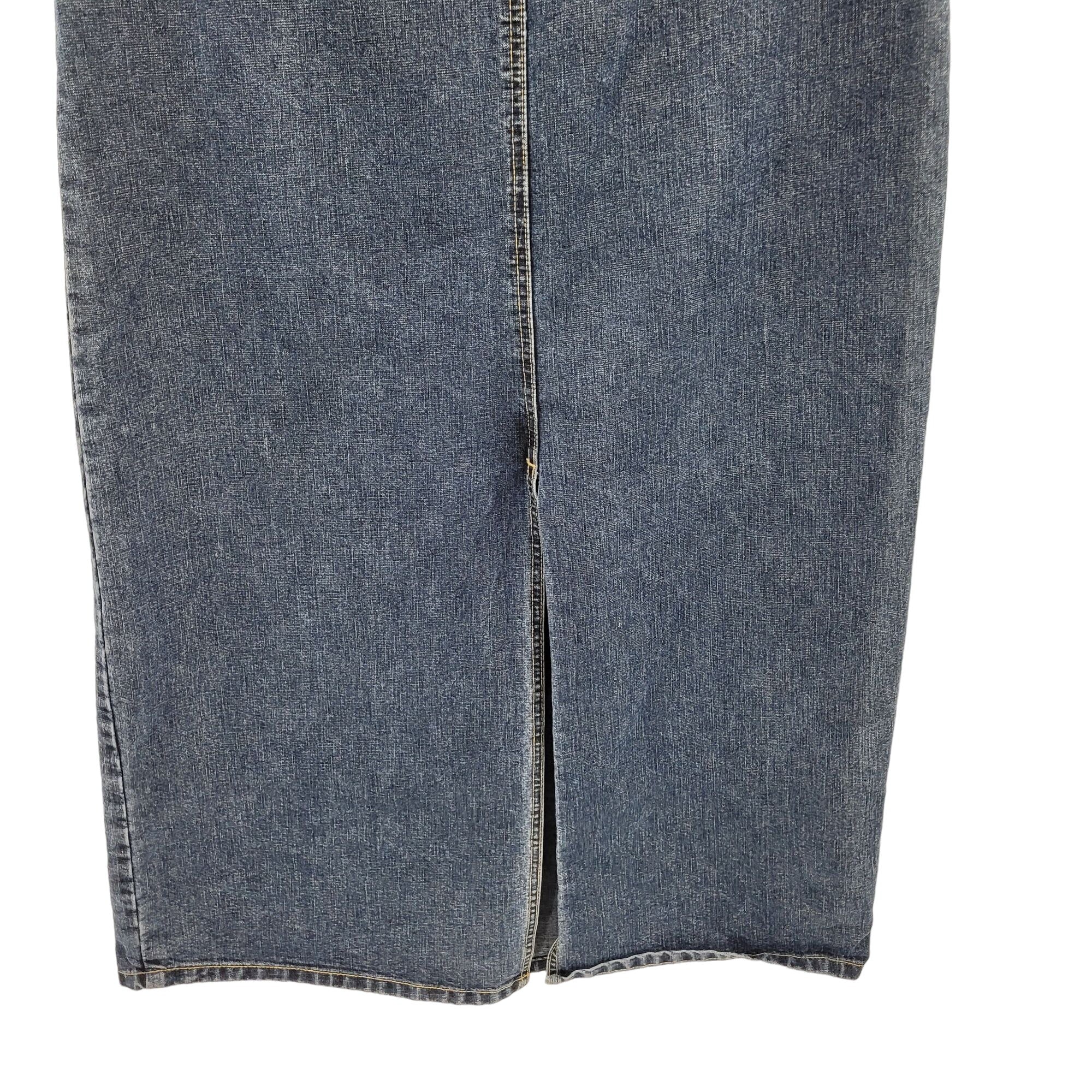 Vintage Skirt Denim Maxi Front Back Slit Dark Wash Fade Aging Blue 16w by LA Blues - Image 9