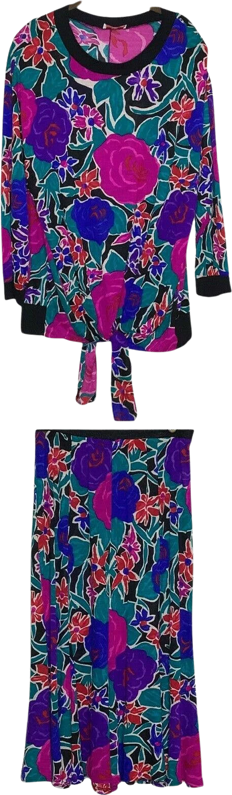 Vintage Skirt Set 80s 90s Ml Floral Lightweight Knit Bright New Wave Psychedelic by young stuff