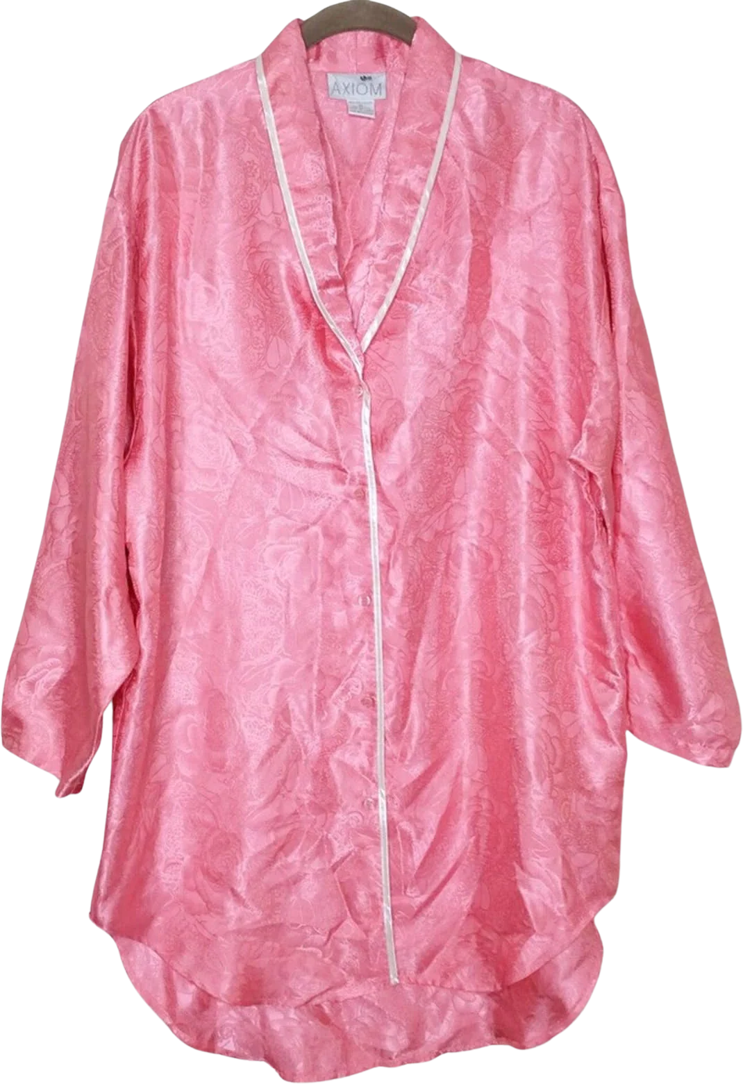Vintage Sleep Shirt Satin Sheen Floral Jacquard Button Up Long Sleeve 80s 90s M
