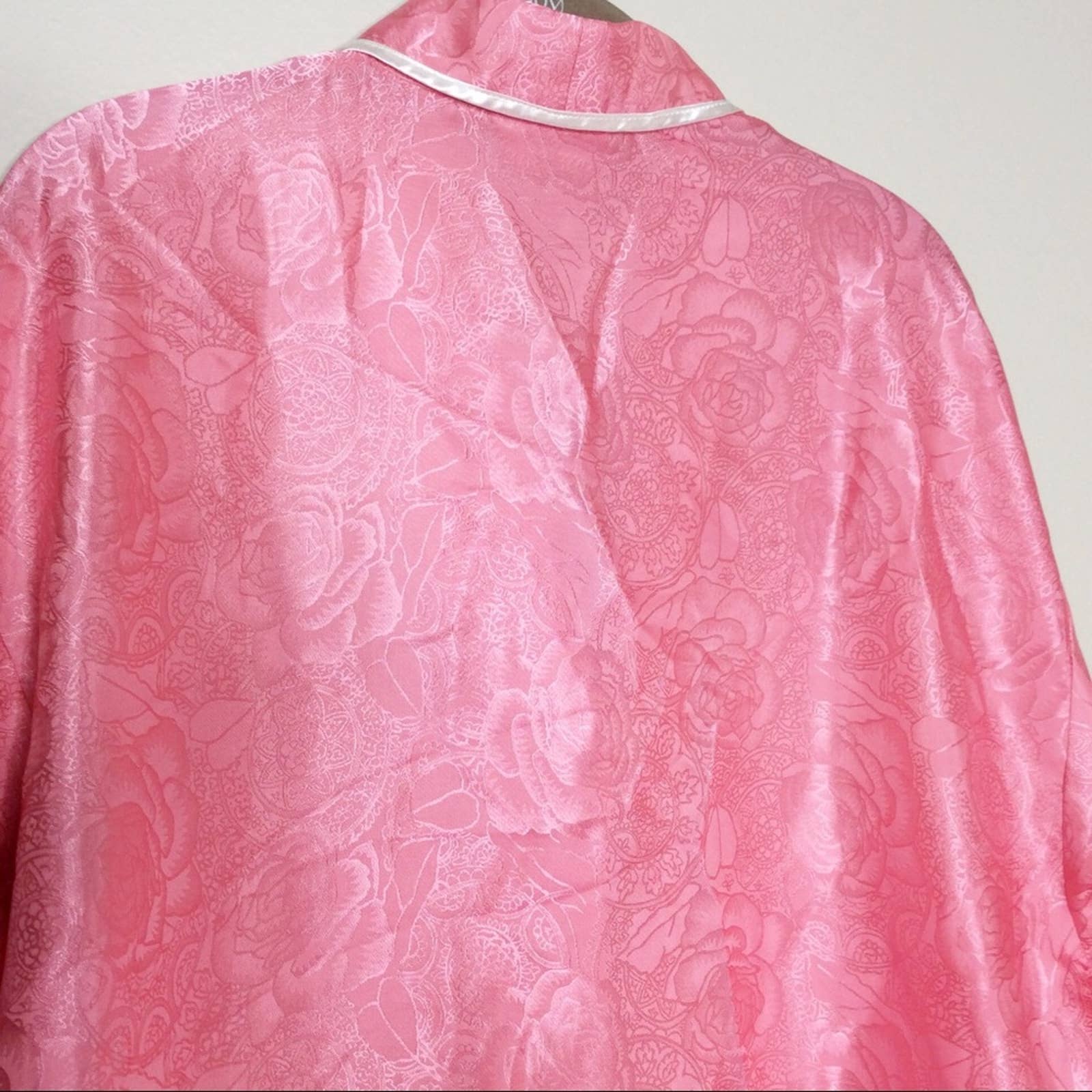 Vintage Sleep Shirt Satin Sheen Floral Jacquard Button Up Long Sleeve 80s 90s M - Image 6