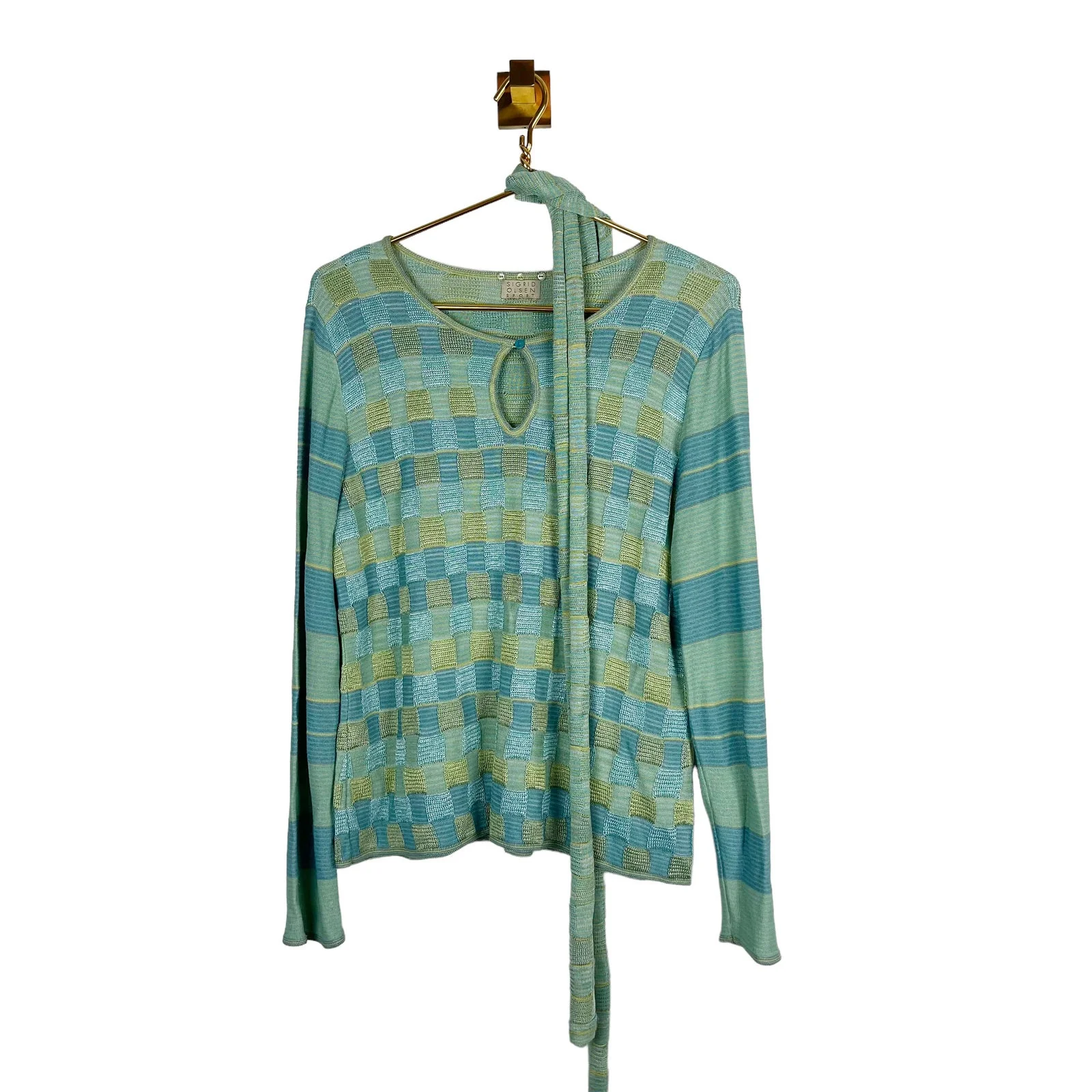 Vintage Slinky Knit Blue and Green Sweater Keyhole with Belt/scarf Sz L by Sigrid Olsen - Image 3