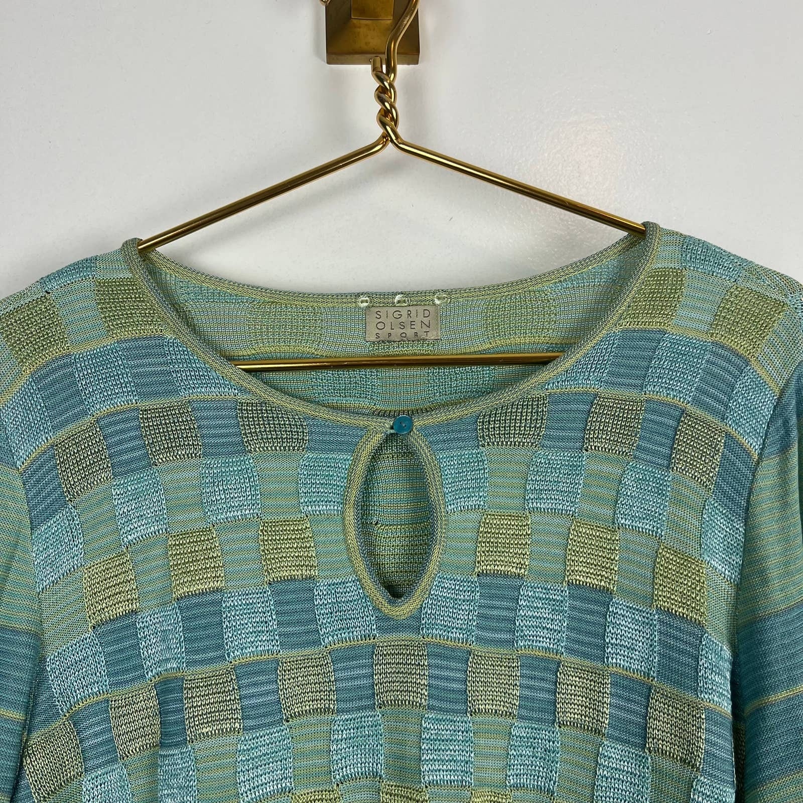 Vintage Slinky Knit Blue and Green Sweater Keyhole with Belt/scarf Sz L by Sigrid Olsen - Image 4