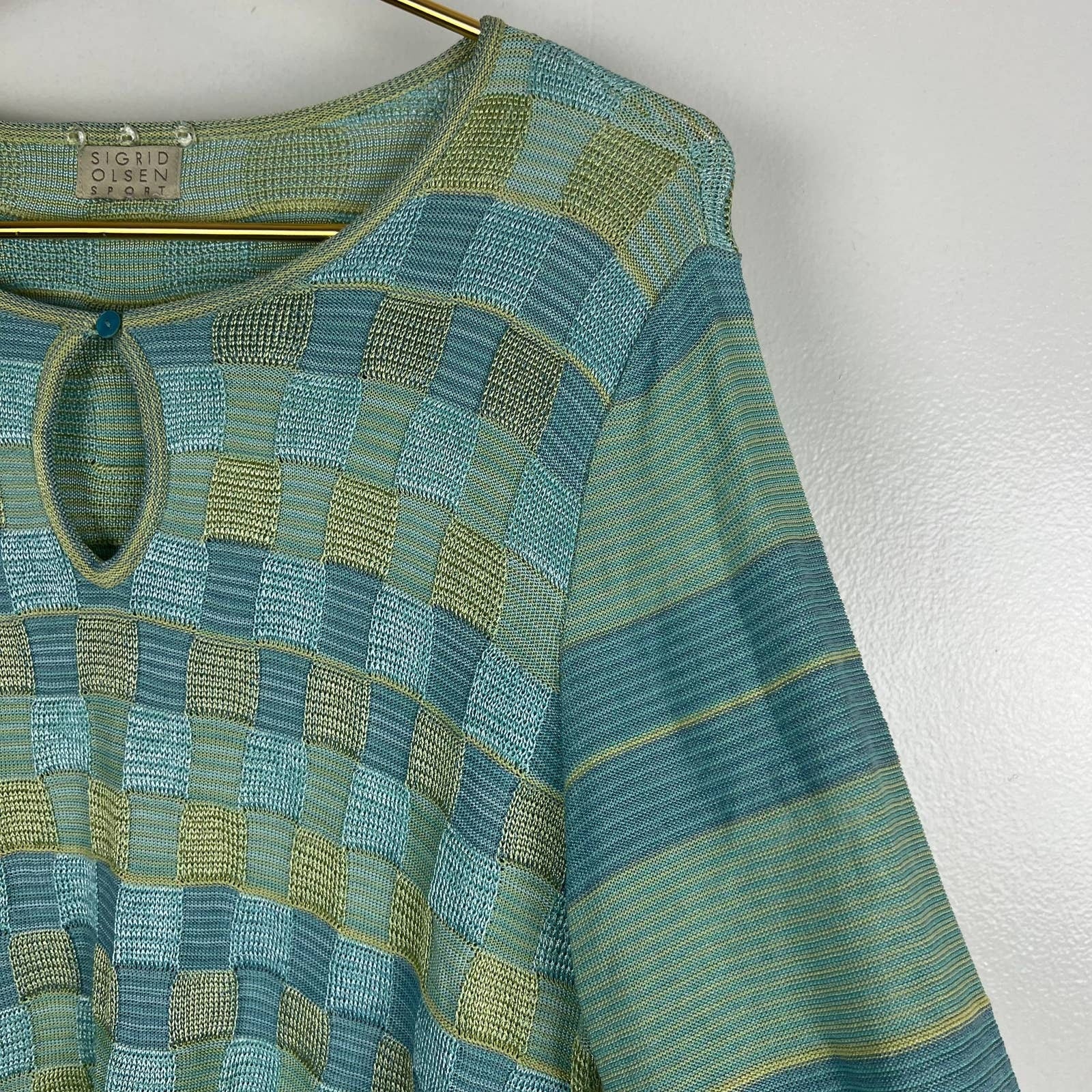 Vintage Slinky Knit Blue and Green Sweater Keyhole with Belt/scarf Sz L by Sigrid Olsen - Image 8