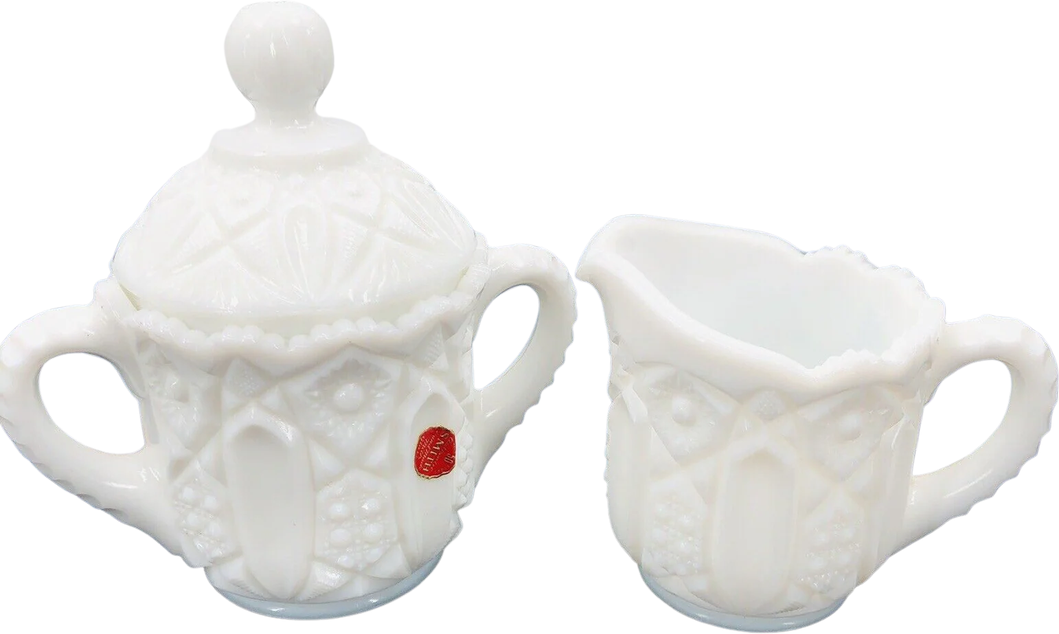 Vintage Smith Milk Glass Creamer and Sugar Set Quintec Stars and Panels Red Label by LE Smith