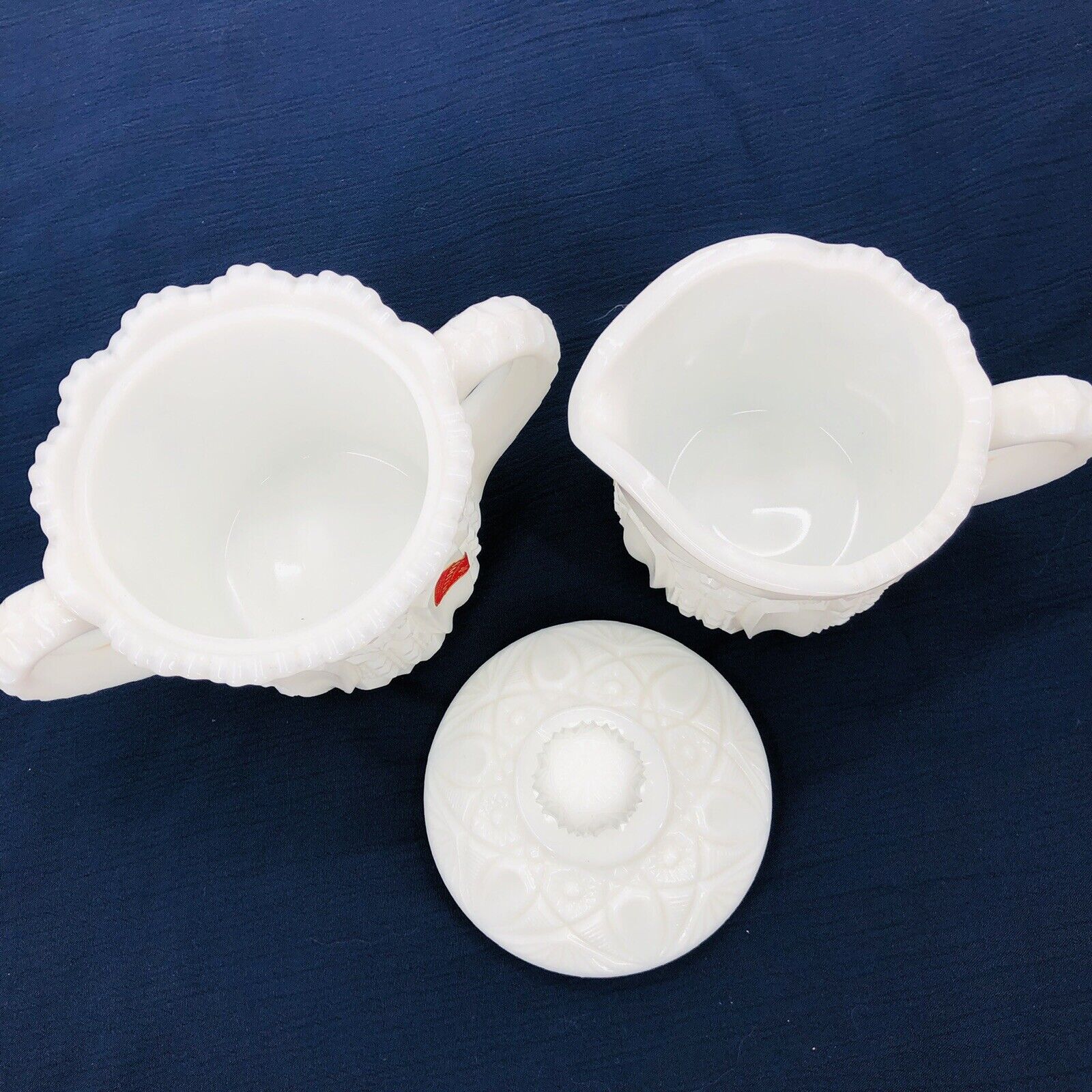 Vintage Smith Milk Glass Creamer and Sugar Set Quintec Stars and Panels Red Label by LE Smith - Image 3