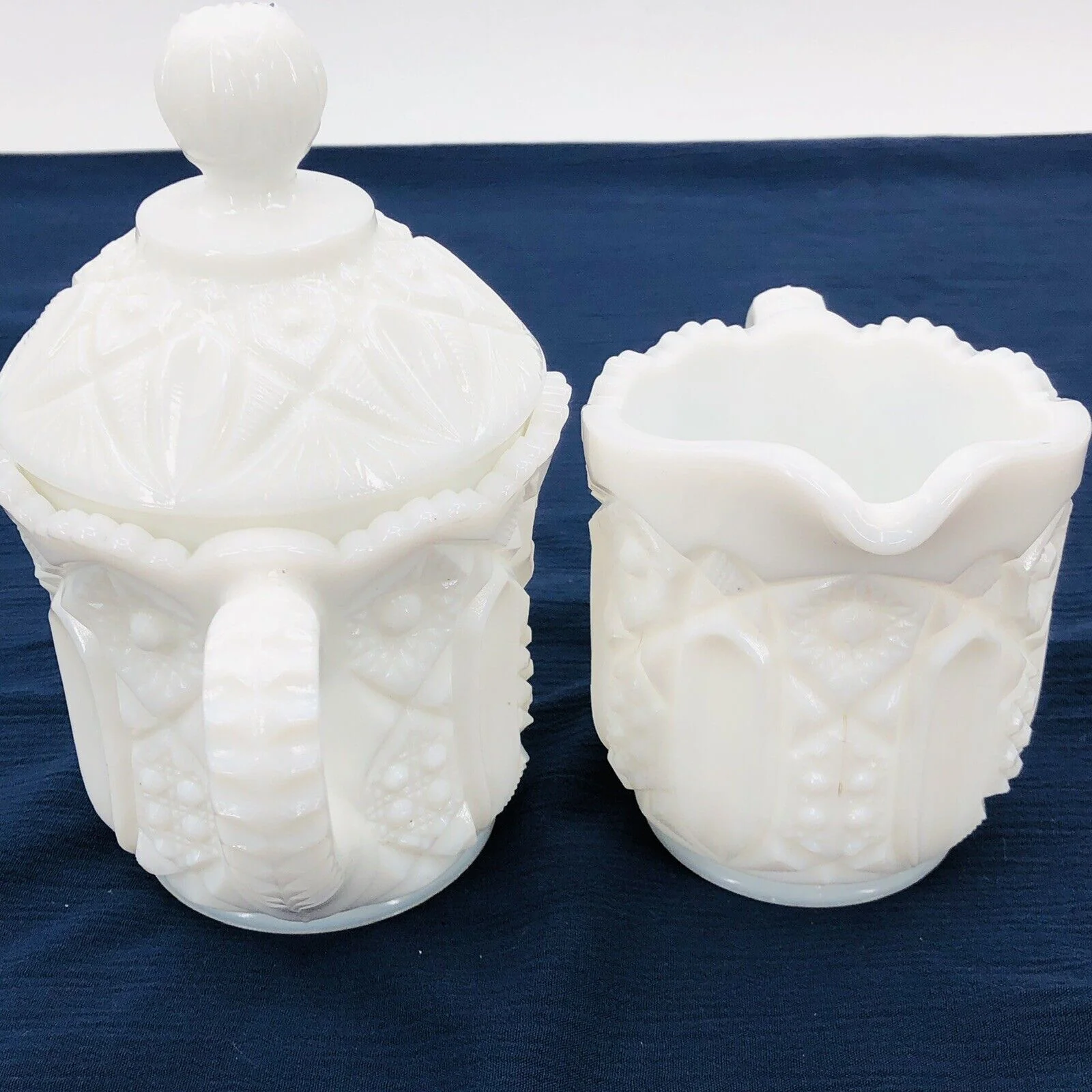 Vintage Smith Milk Glass Creamer and Sugar Set Quintec Stars and Panels Red Label by LE Smith - Image 7