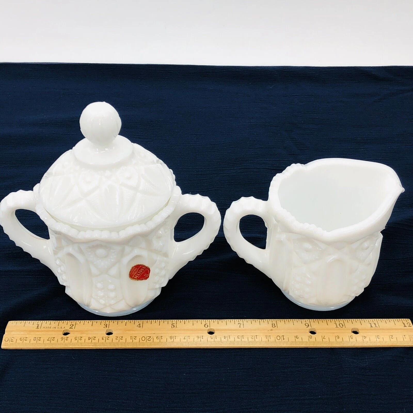 Vintage Smith Milk Glass Creamer and Sugar Set Quintec Stars and Panels Red Label by LE Smith - Image 9