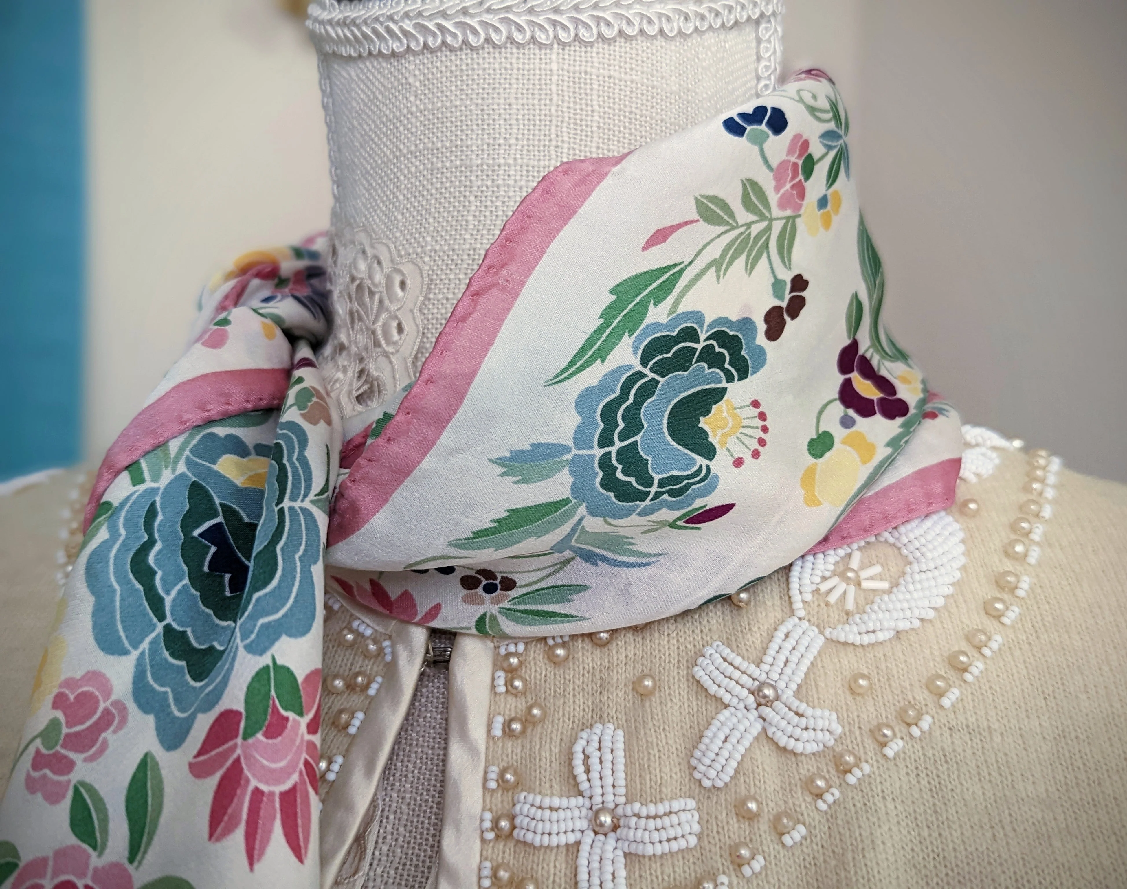 Vintage Smithsonian Institution Silk Pink Blue and Green Floral Scarf - Image 3