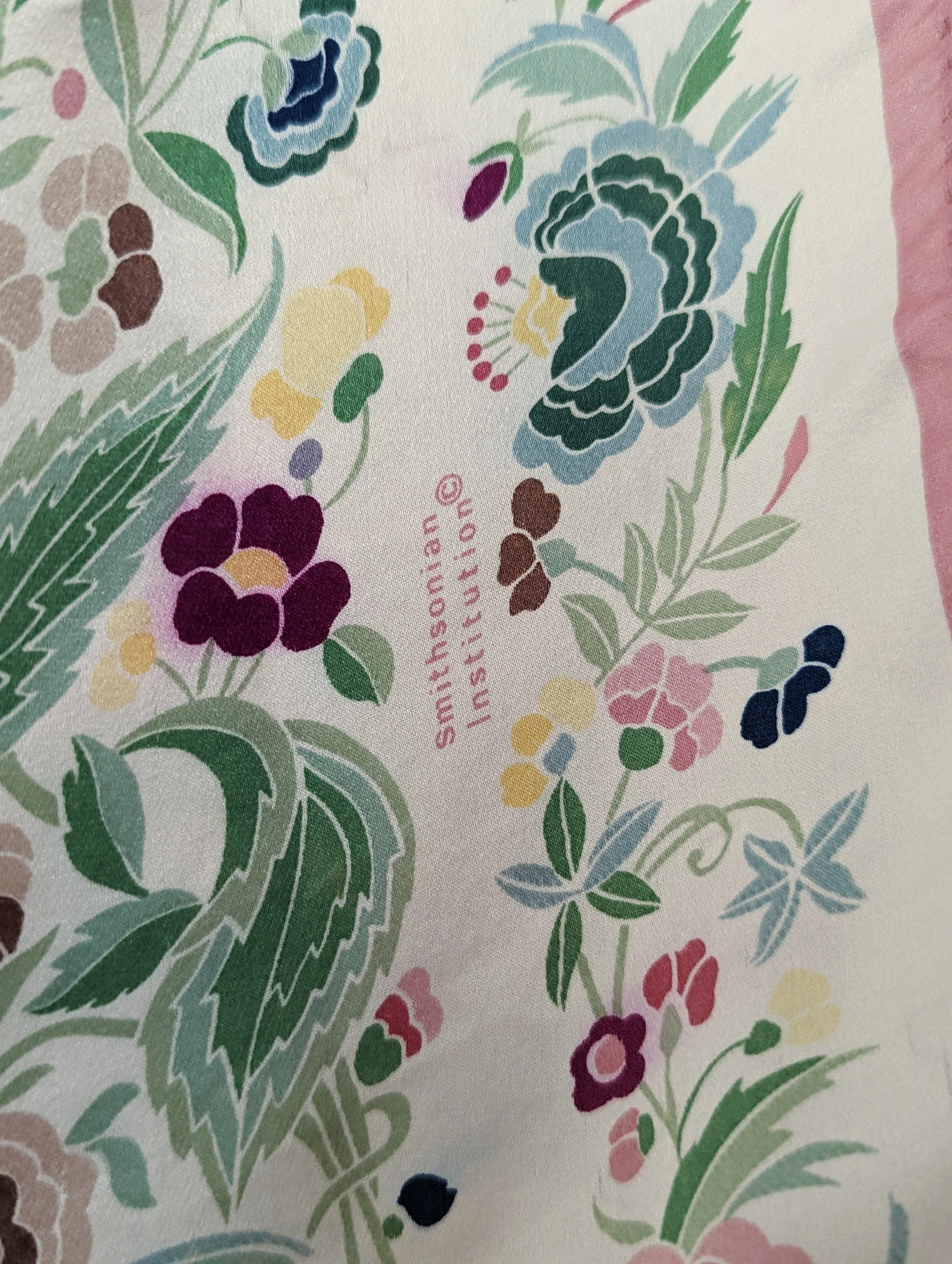 Vintage Smithsonian Institution Silk Pink Blue and Green Floral Scarf - Image 4